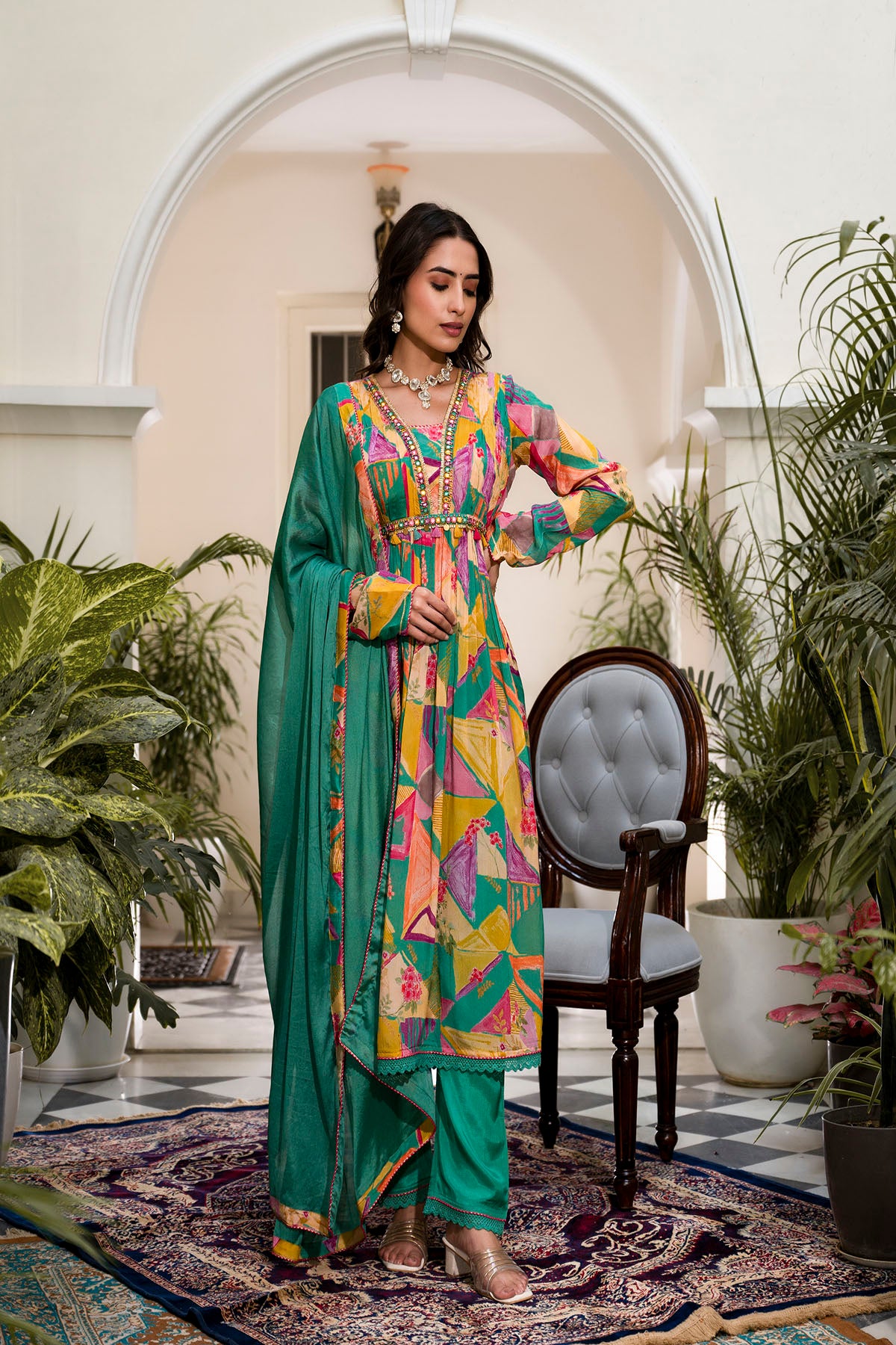 Yellow & Green Chinon Embroidered Anarkali Suit