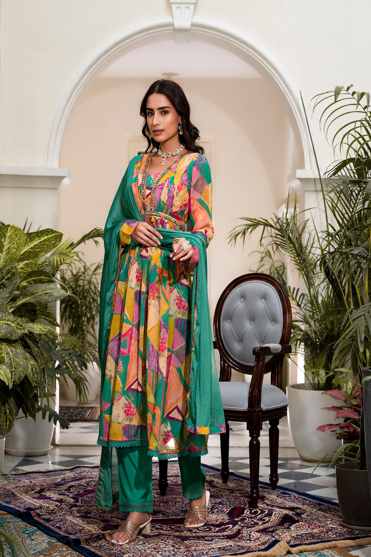 Yellow & Green Chinon Embroidered Anarkali Suit