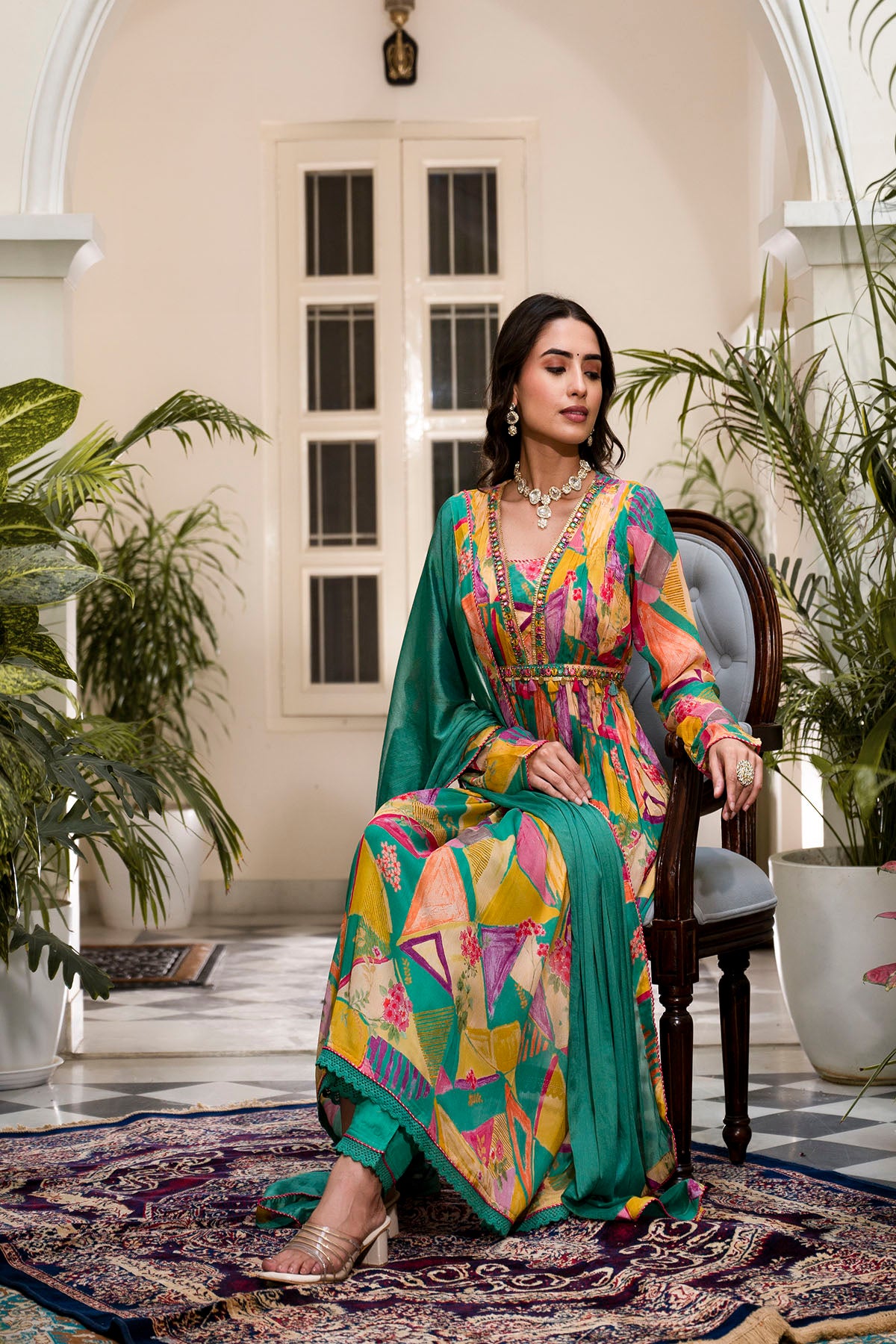 Yellow & Green Chinon Embroidered Anarkali Suit
