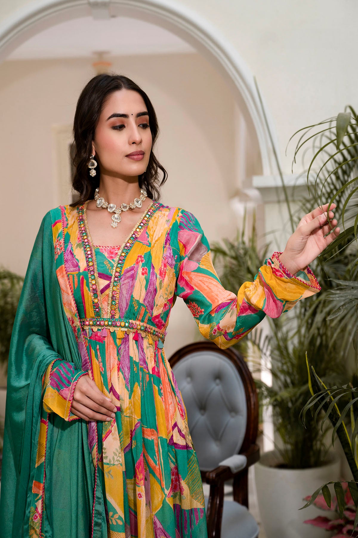 Yellow & Green Chinon Embroidered Anarkali Suit