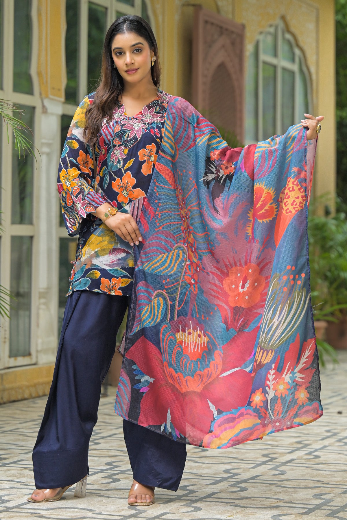 Multicolor Chinon Embroidered Straight Cut Suit Set | Bairaas