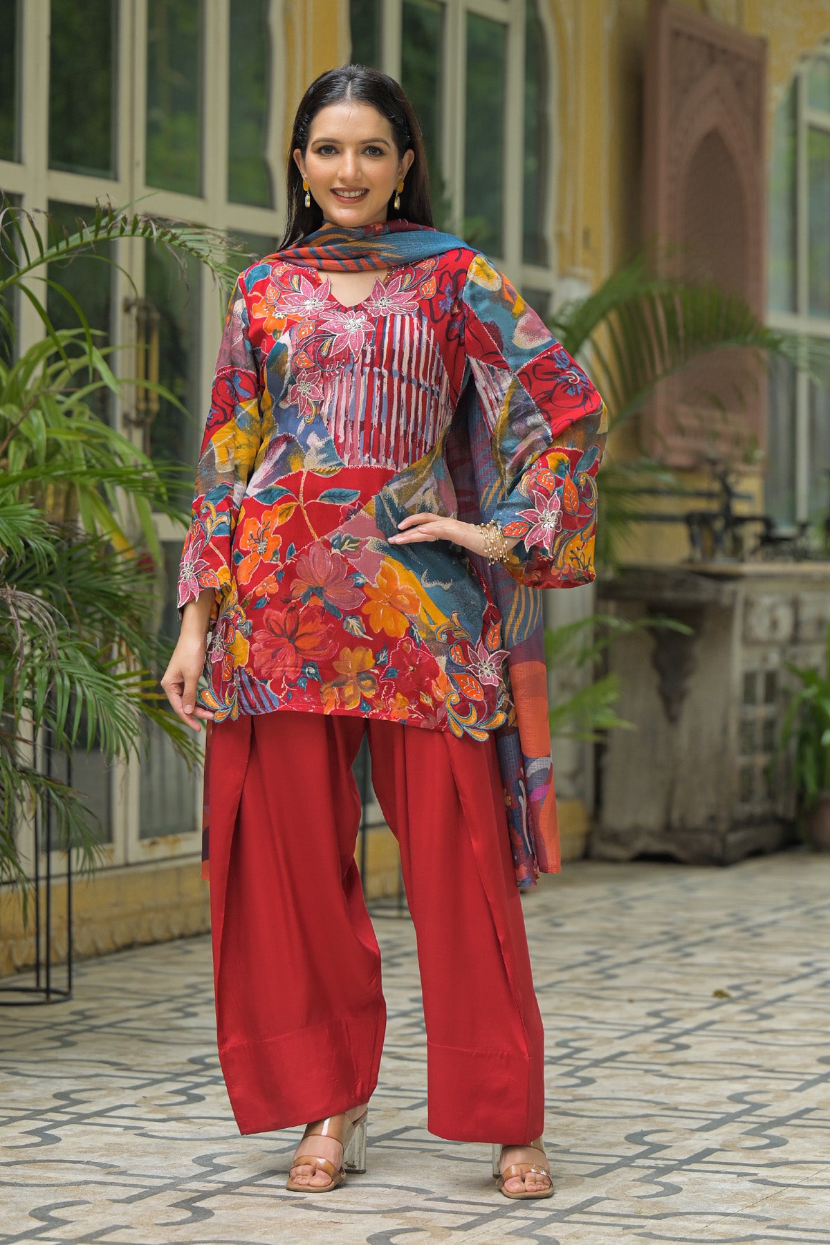 Red Chinon Embroidered Straight Cut Suit Set | Bairaas