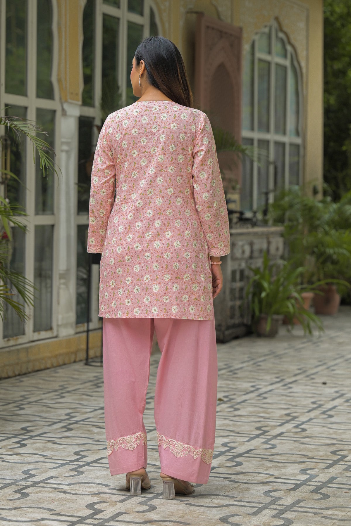 Pink Cotton Embroidered Straight Cut Suit Set | Bairaas