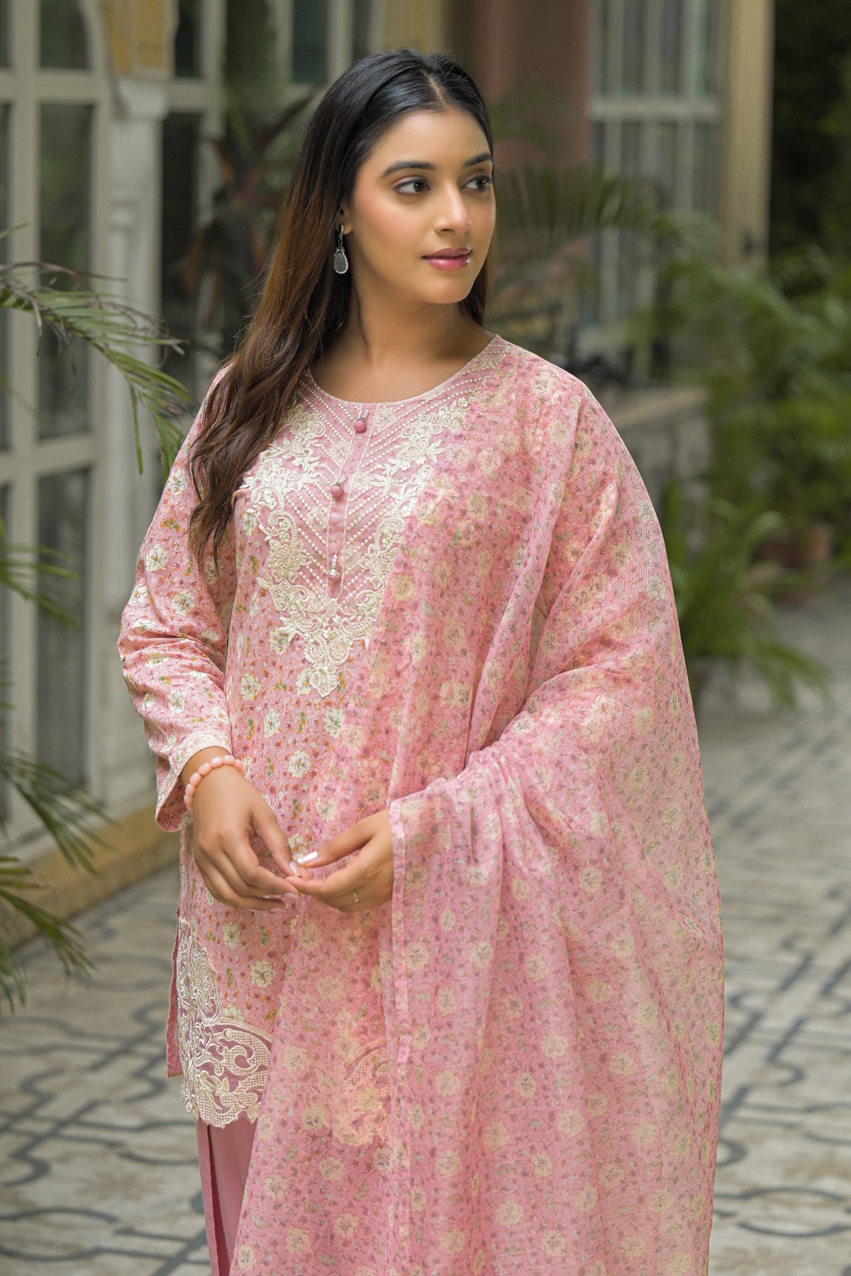 Pink Cotton Embroidered Straight Cut Suit Set | Bairaas