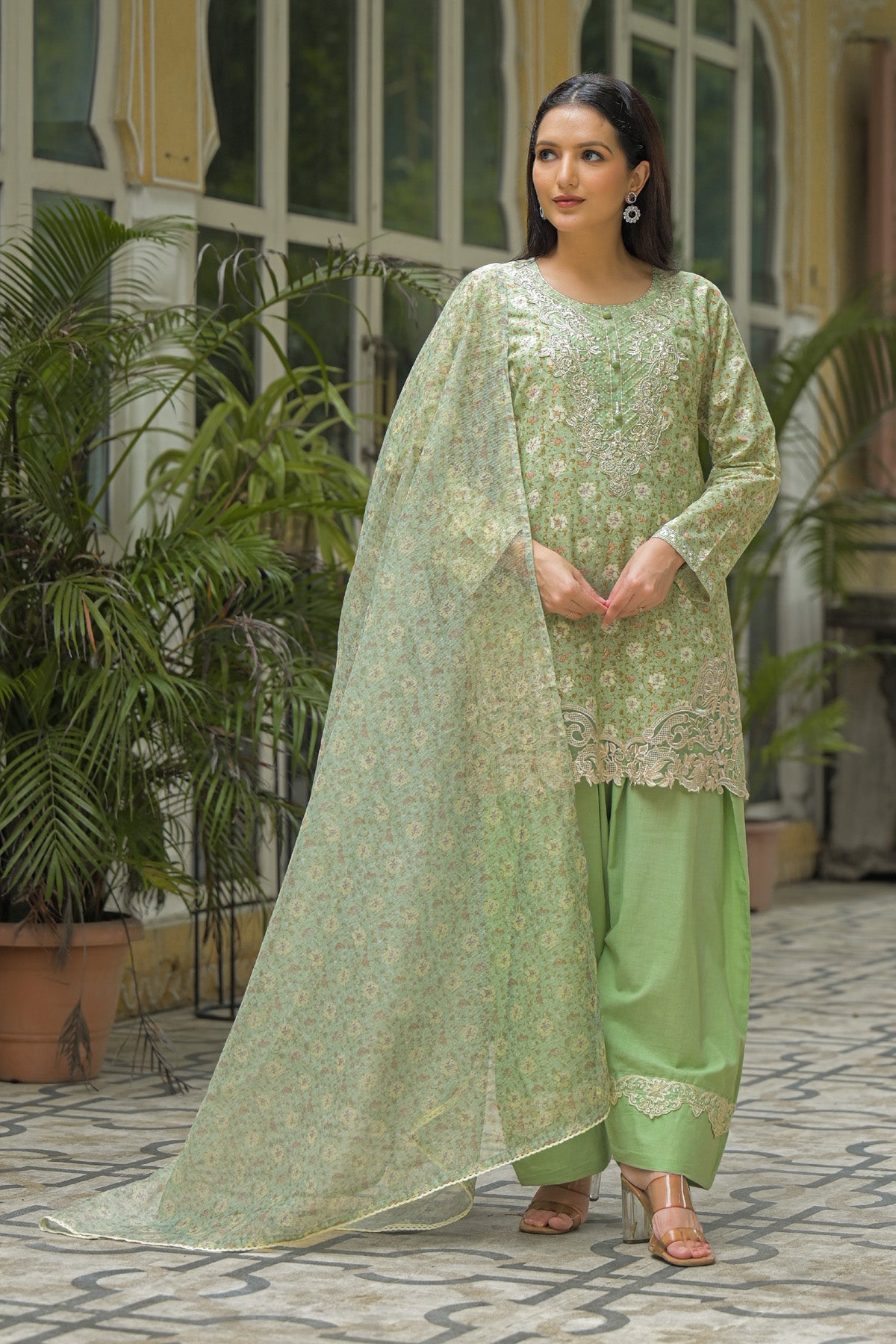 Green Cotton Embroidered Straight Cut Suit Set