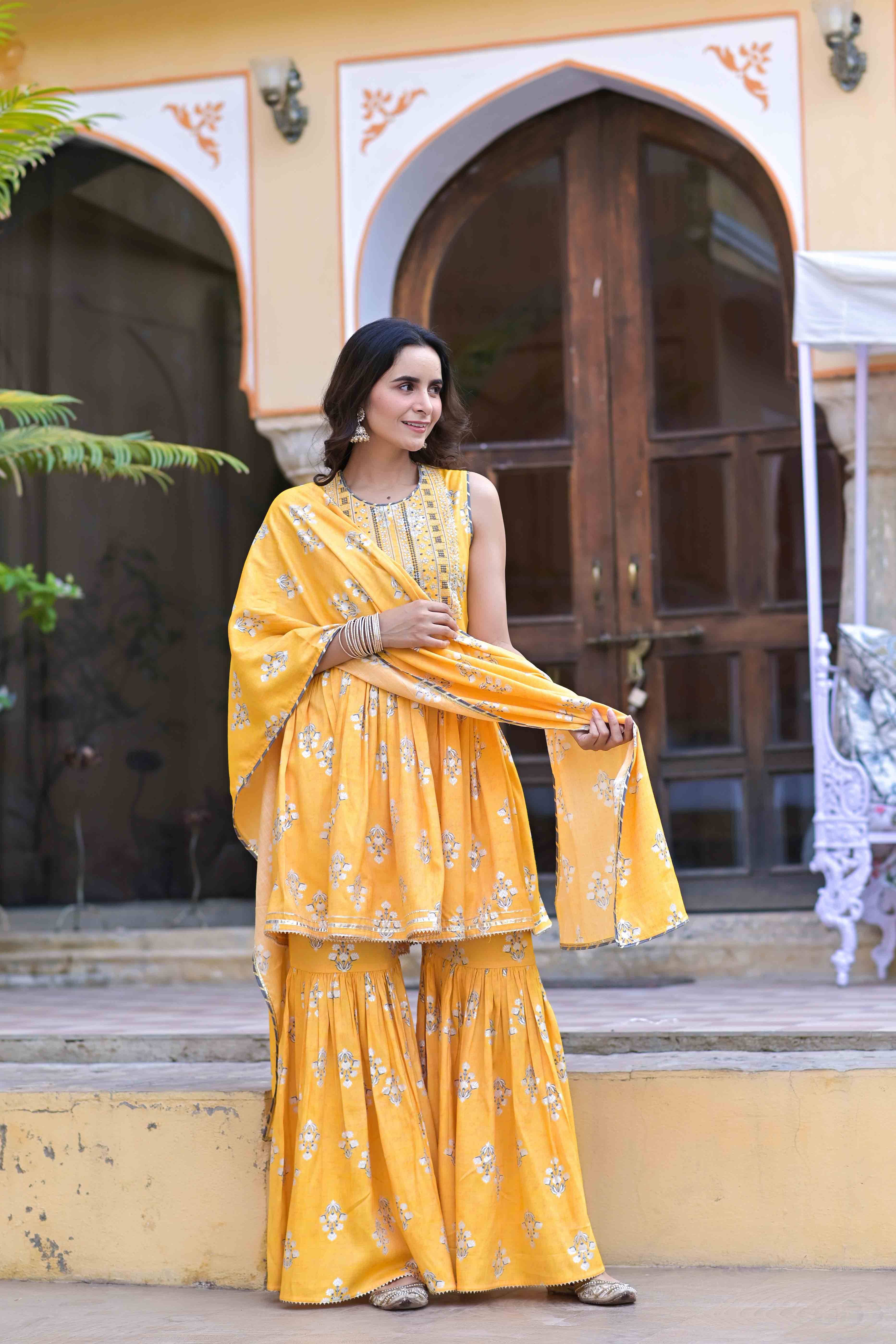 Yellow Rayon Embroidered Sharara Set