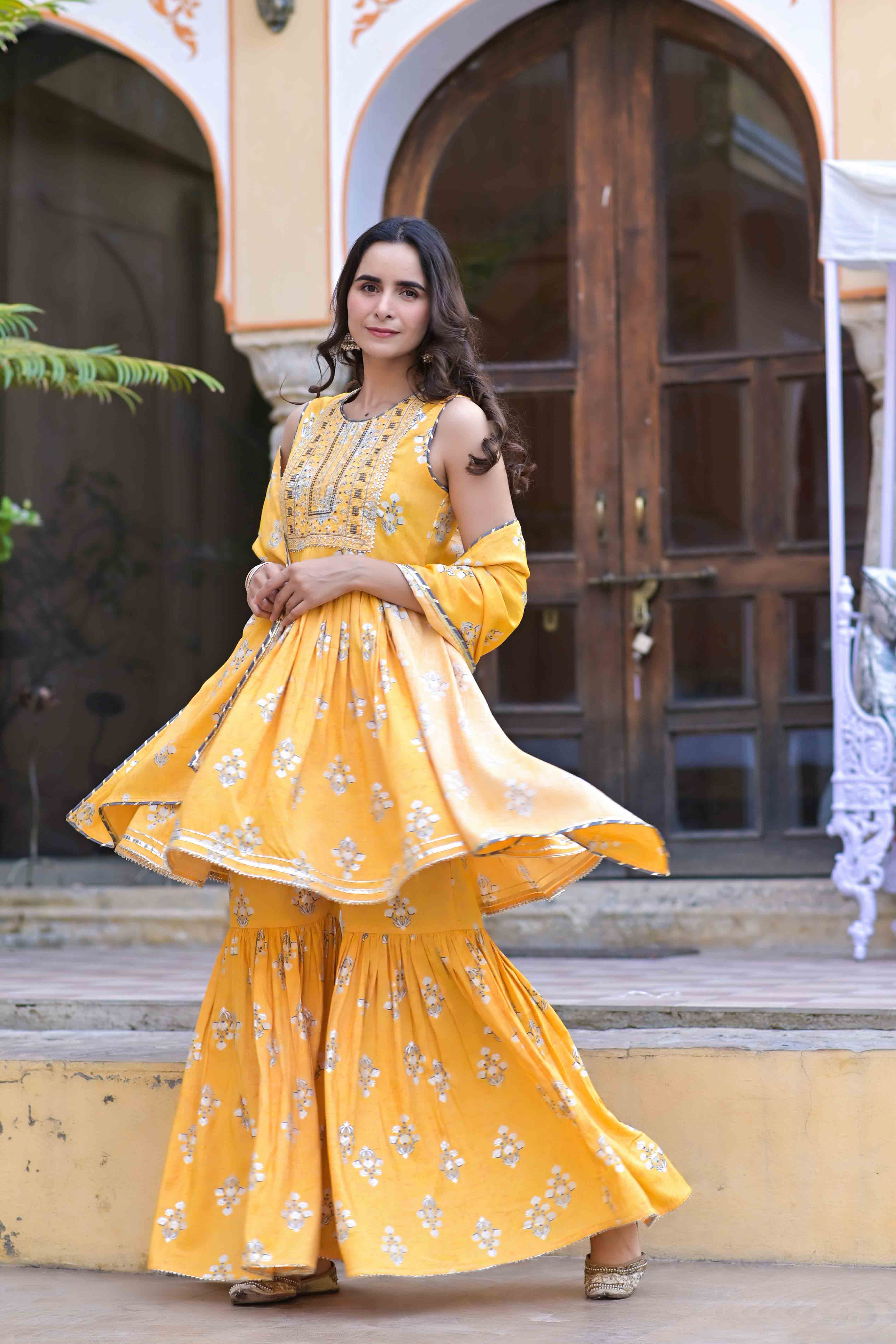 Yellow Rayon Embroidered Sharara Set