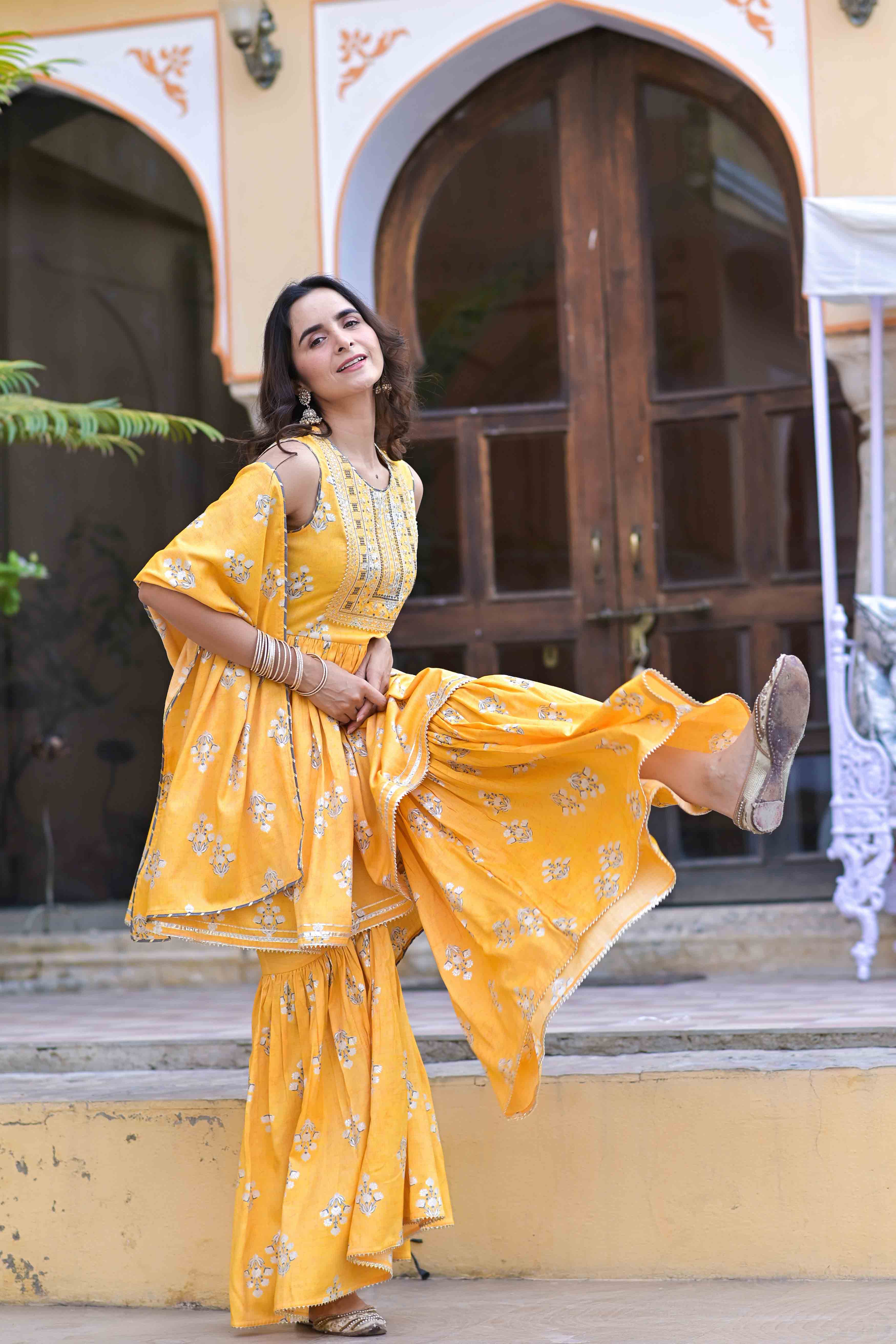 Yellow Rayon Embroidered Sharara Set