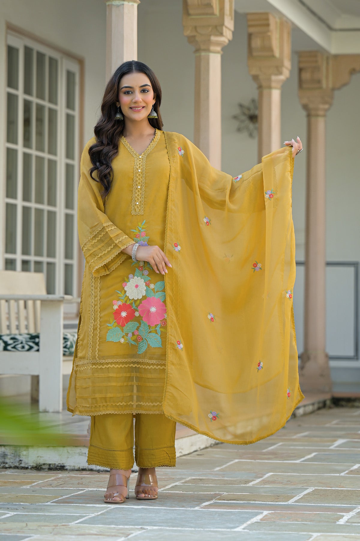 Yellow Organza Embroidered Straight Cut Suit Set | Bairaas