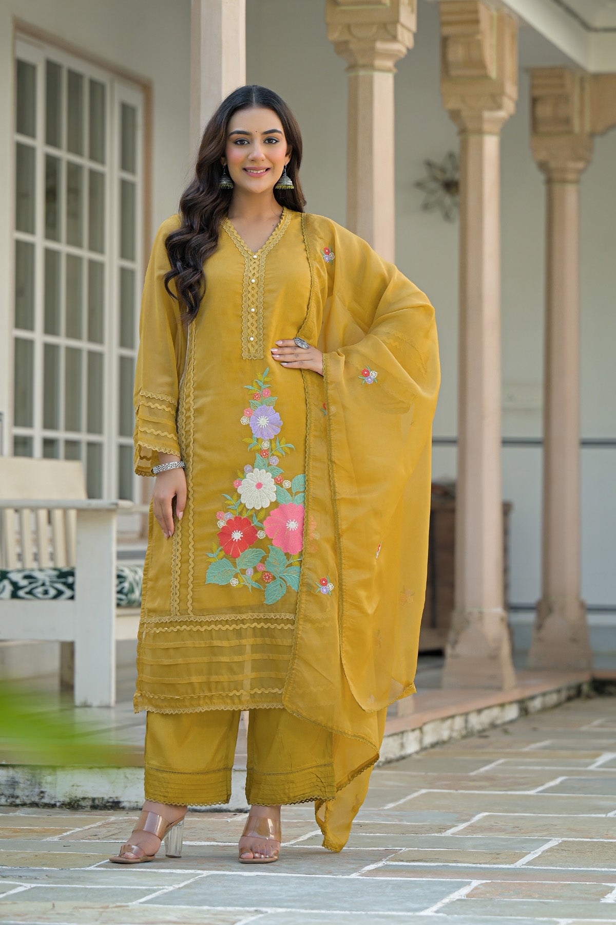 Yellow Organza Embroidered Straight Cut Suit Set With Dupatta