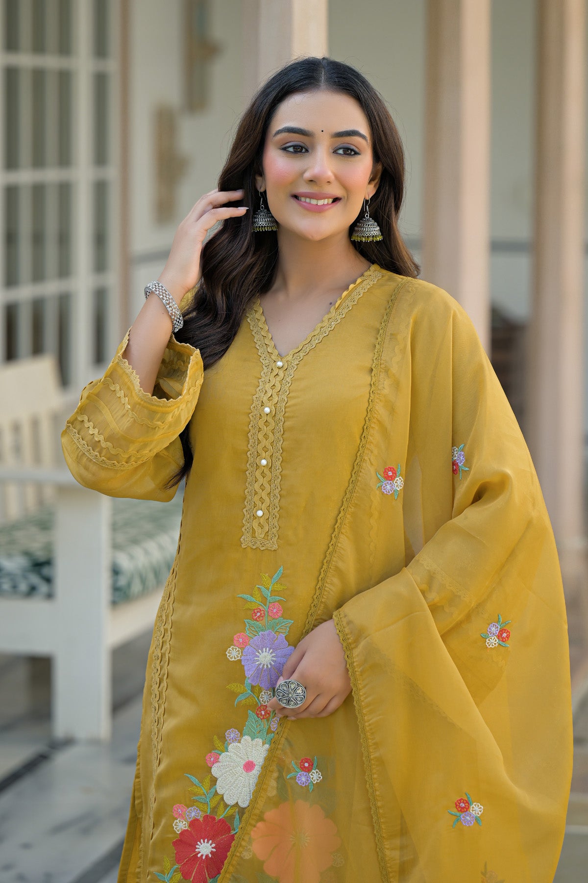 Yellow Organza Embroidered Straight Cut Suit Set With Dupatta