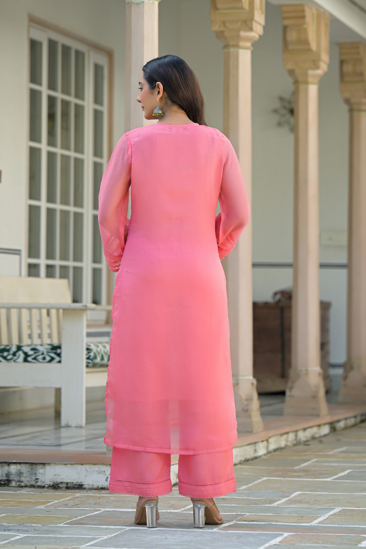 Pink Organza Embroidered Straight Cut Suit Set With Dupatta