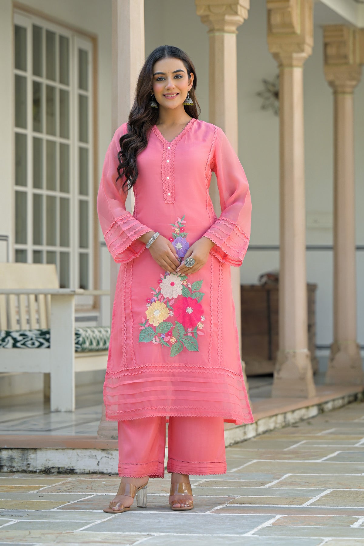 Pink Organza Embroidered Straight Cut Suit Set With Dupatta