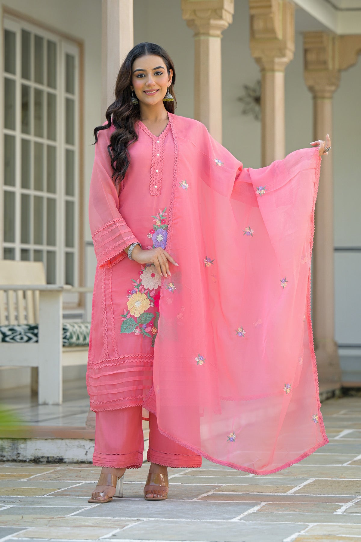 Pink Organza Embroidered Straight Cut Suit Set With Dupatta
