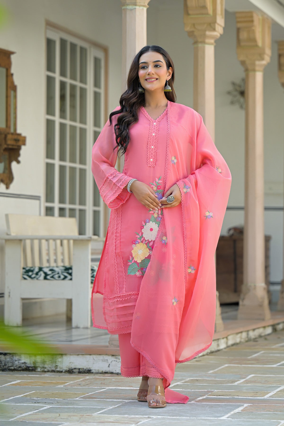 Pink Organza Embroidered Straight Cut Suit Set | Bairaas