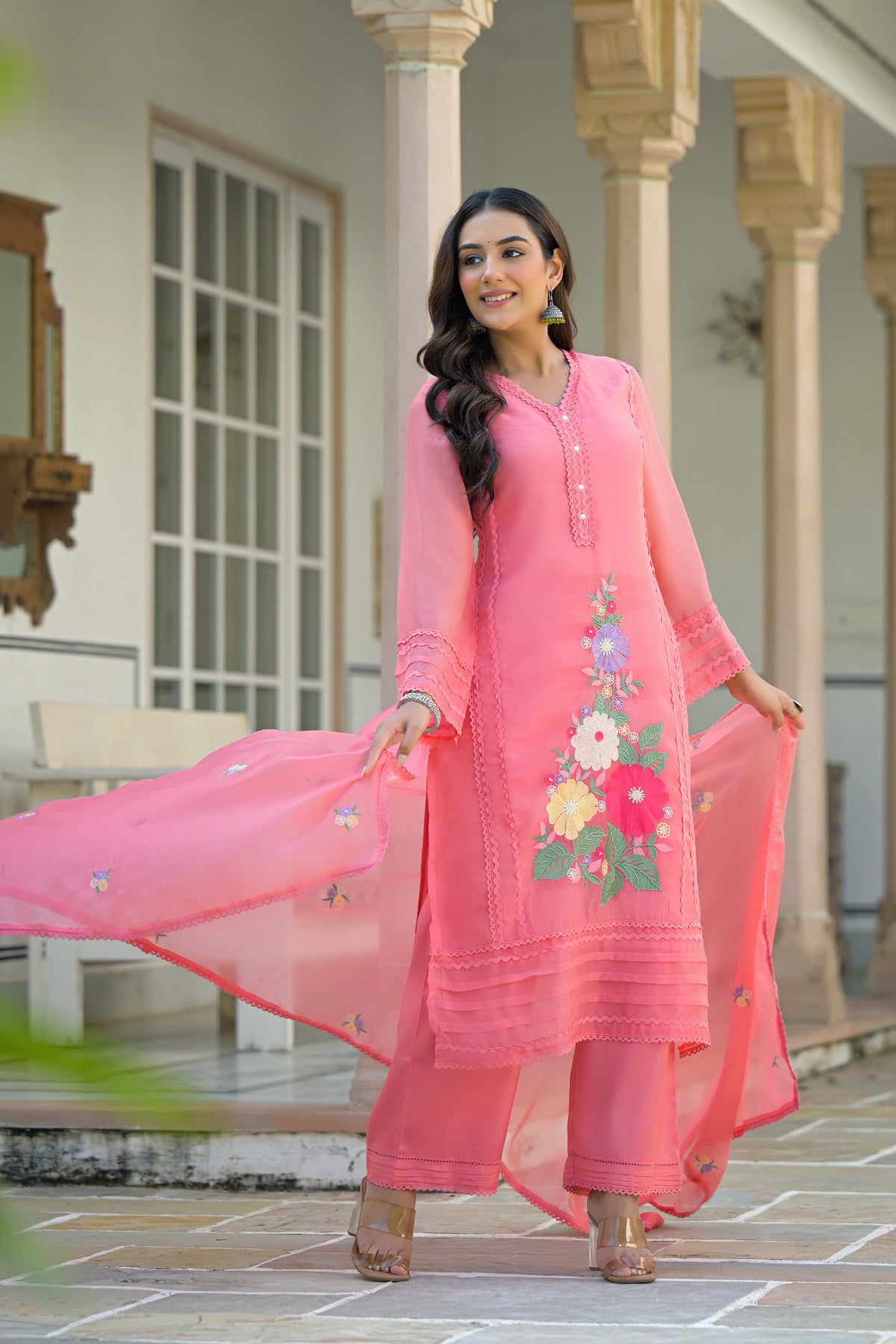 Pink Organza Embroidered Straight Cut Suit Set With Dupatta