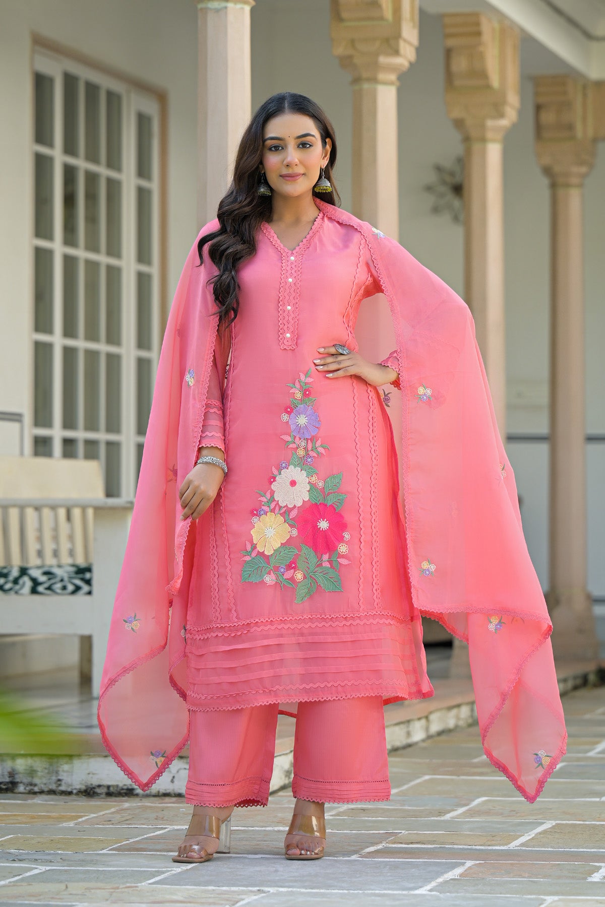 Pink Organza Embroidered Straight Cut Suit Set With Dupatta