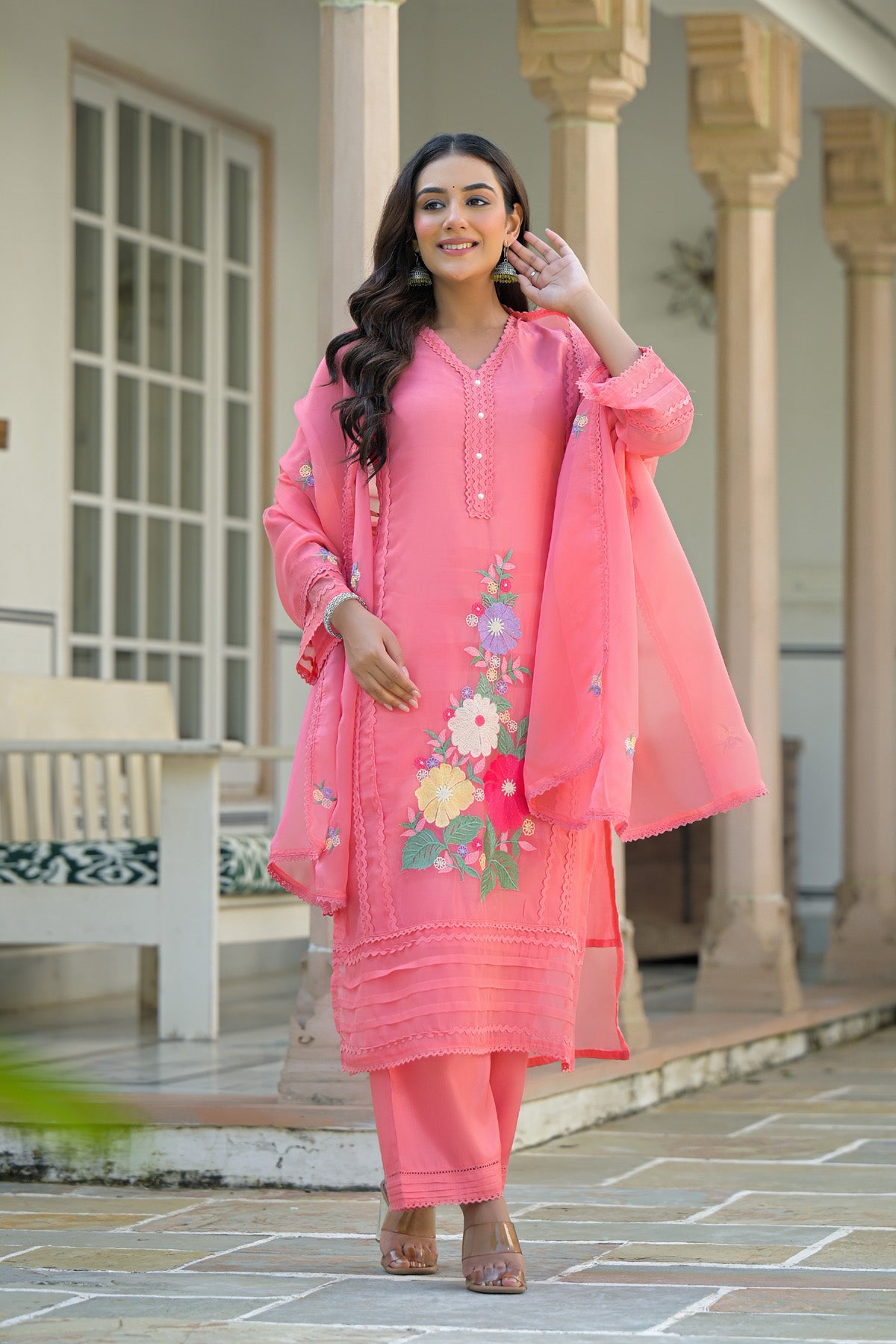 Pink Organza Embroidered Straight Cut Suit Set With Dupatta