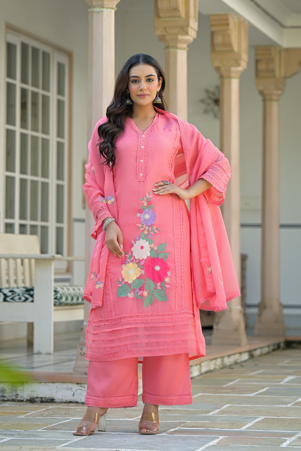 Pink Organza Embroidered Straight Cut Suit Set With Dupatta