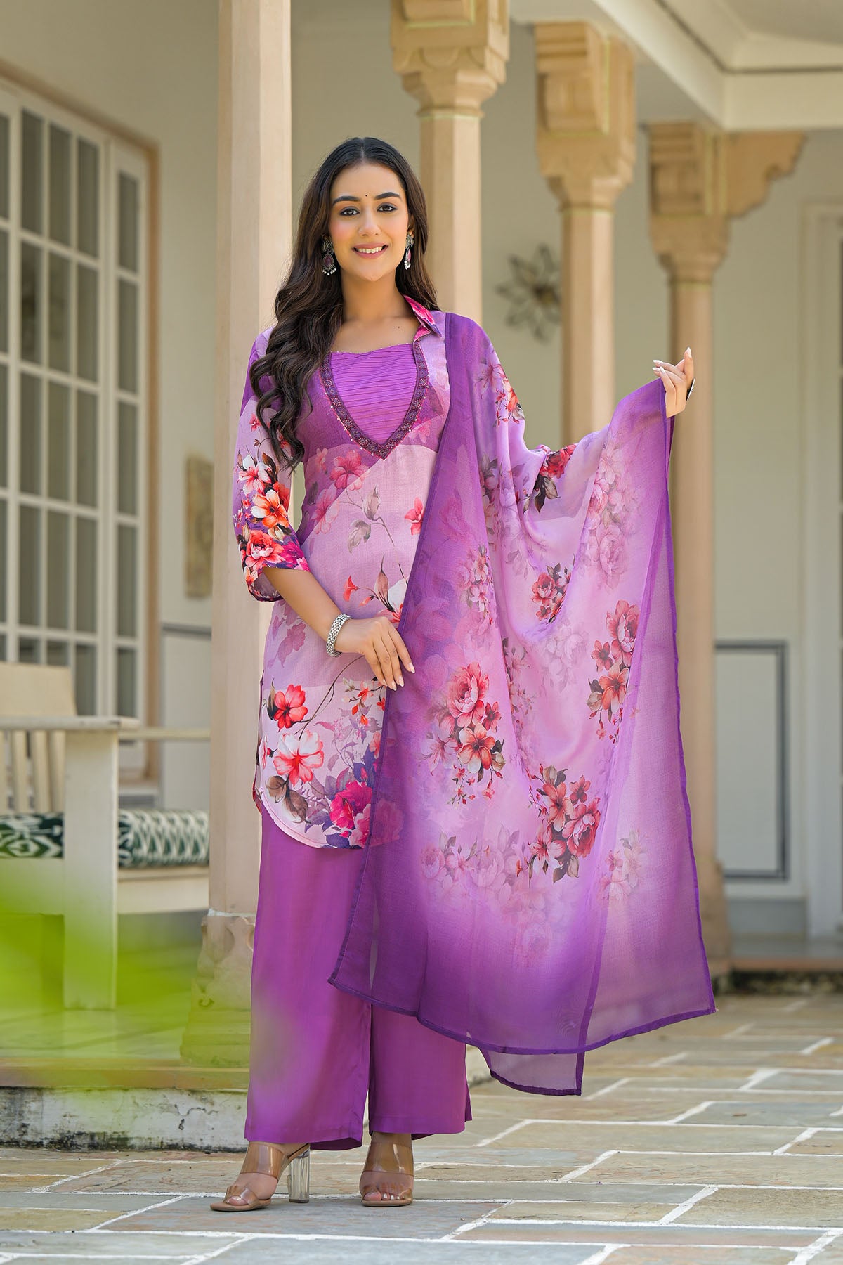 Purple Floral Crepe Printed Straight-Cut Suit