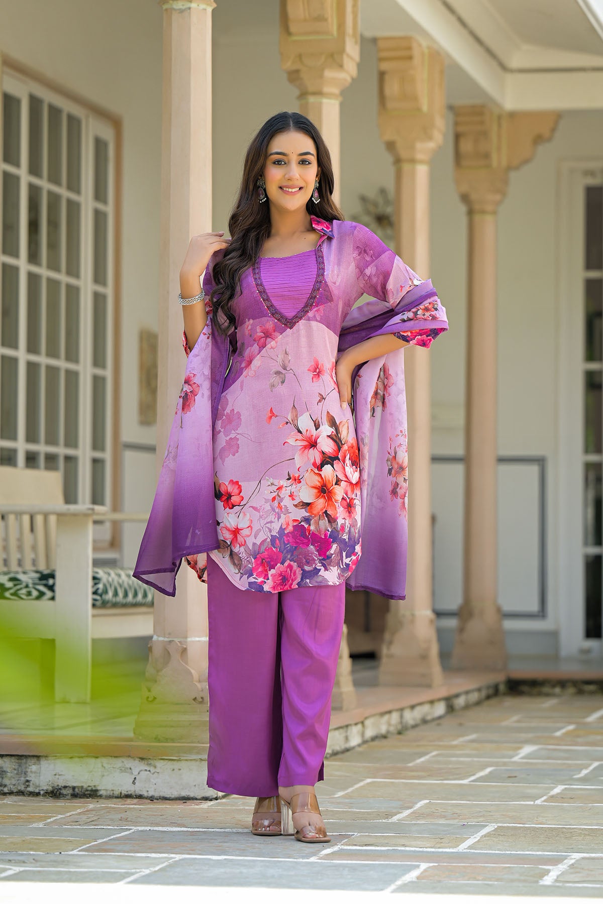 Purple Floral Crepe Printed Straight-Cut Suit