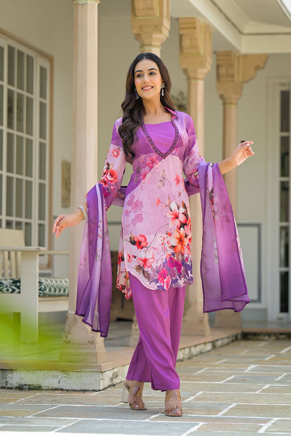 Purple Floral Crepe Printed Straight-Cut Suit