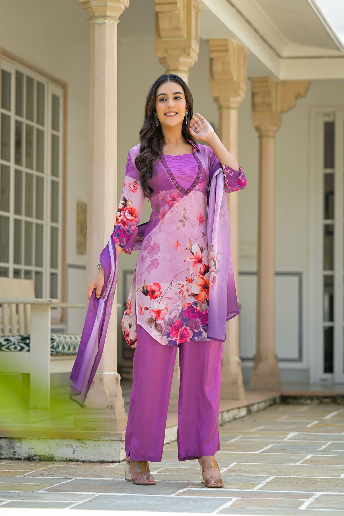 Purple Floral Crepe Printed Straight-Cut Suit