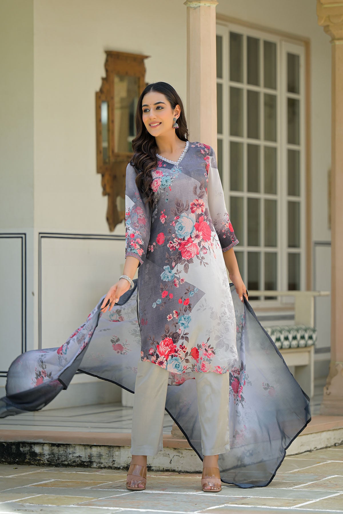 Grey Floral Crepe Printed Straight-Cut Suit