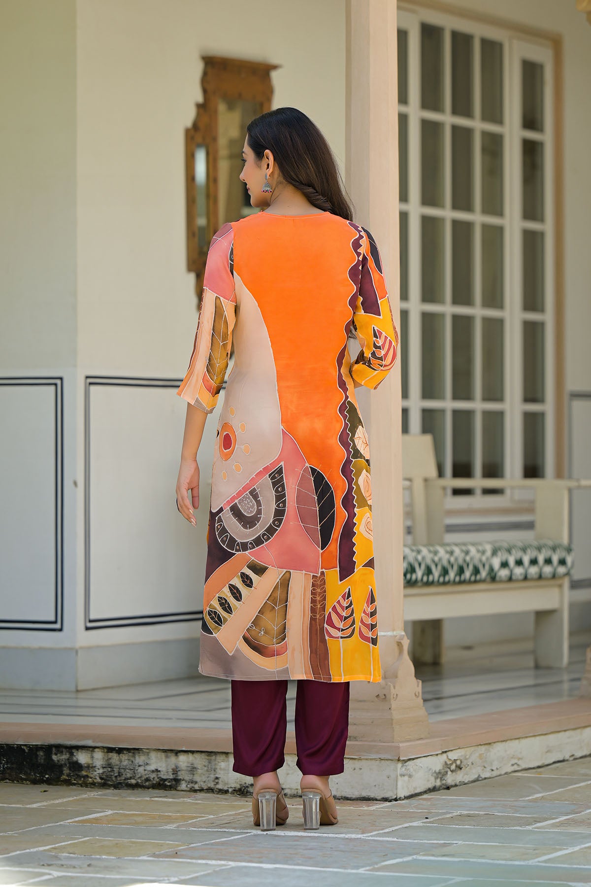 Orange Muslin Printed Straight-Cut Suit