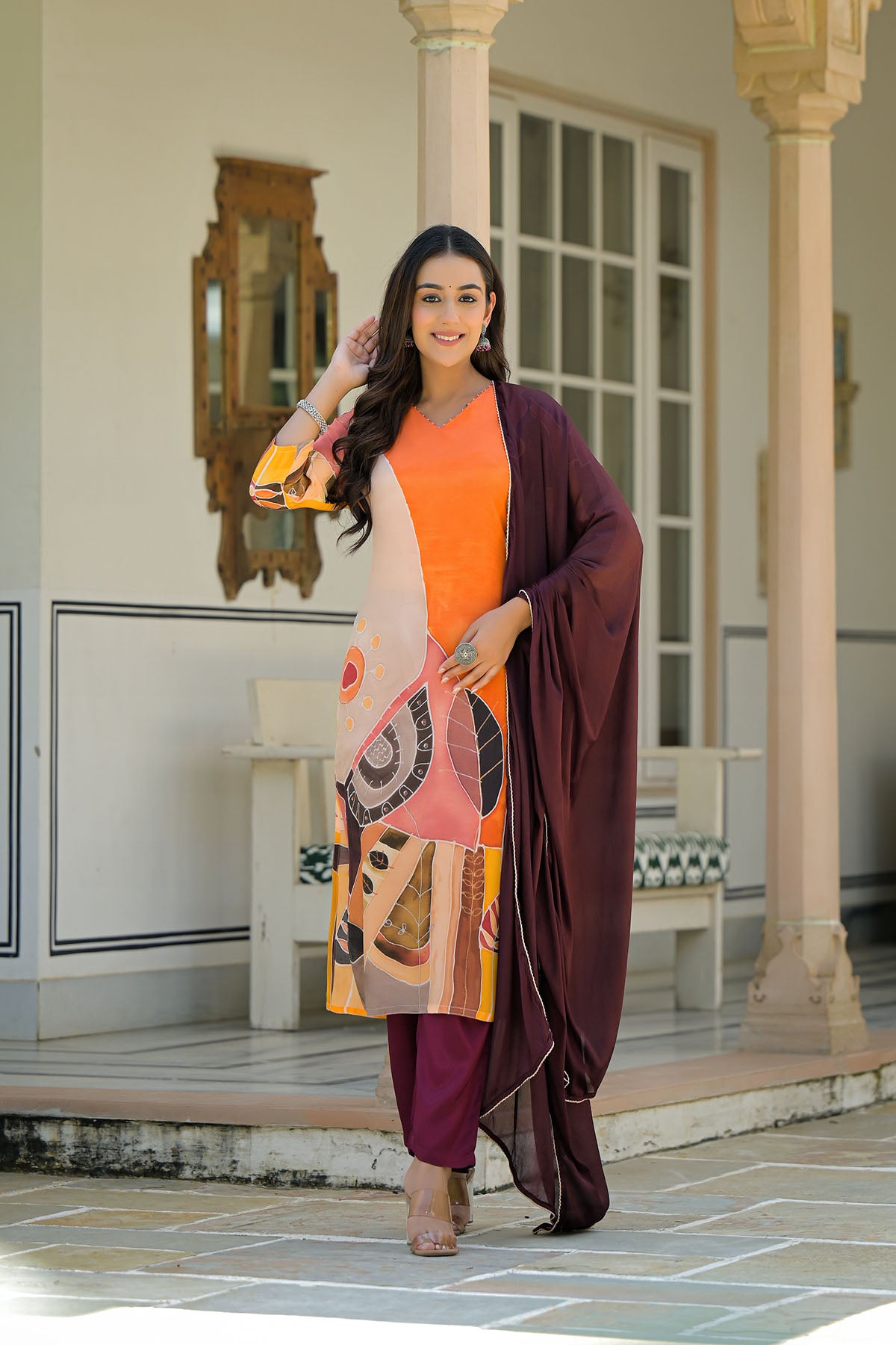 Orange Muslin Printed Straight-Cut Suit
