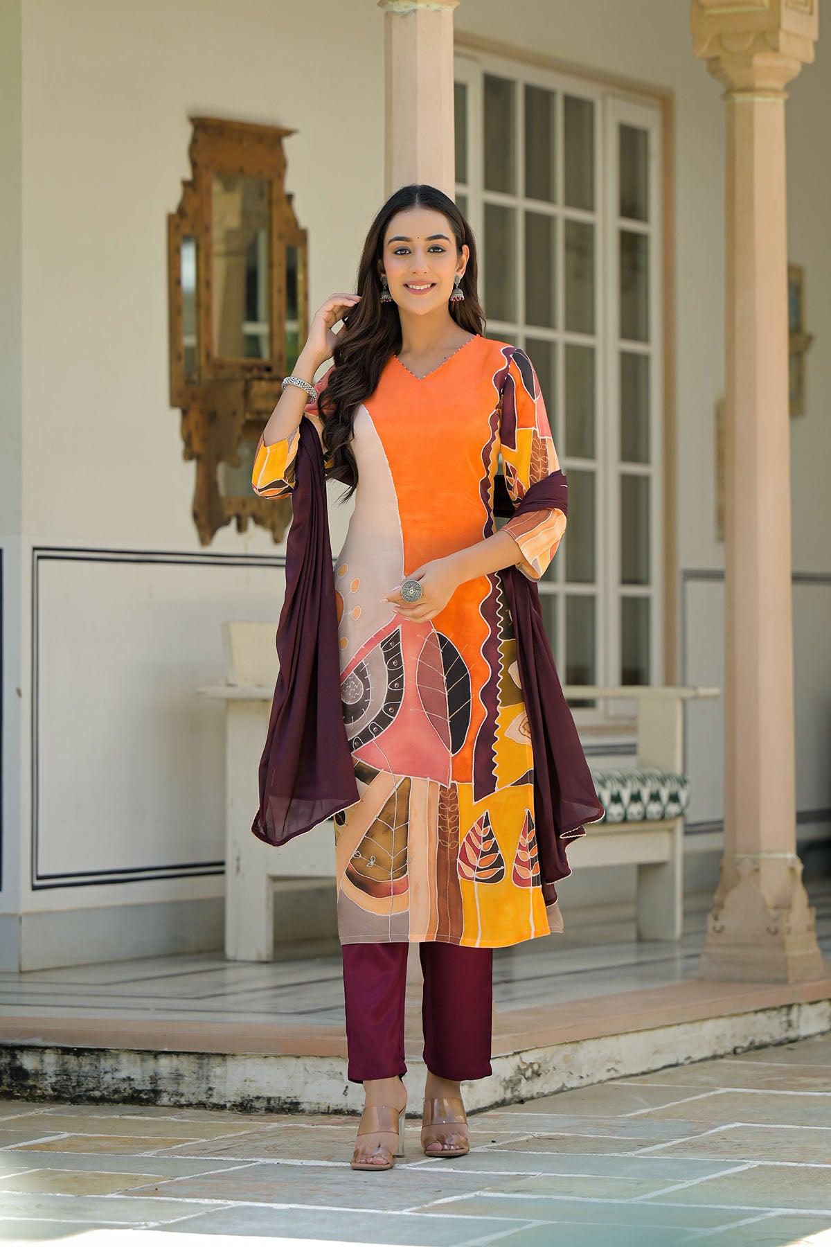 Orange Muslin Printed Straight-Cut Suit