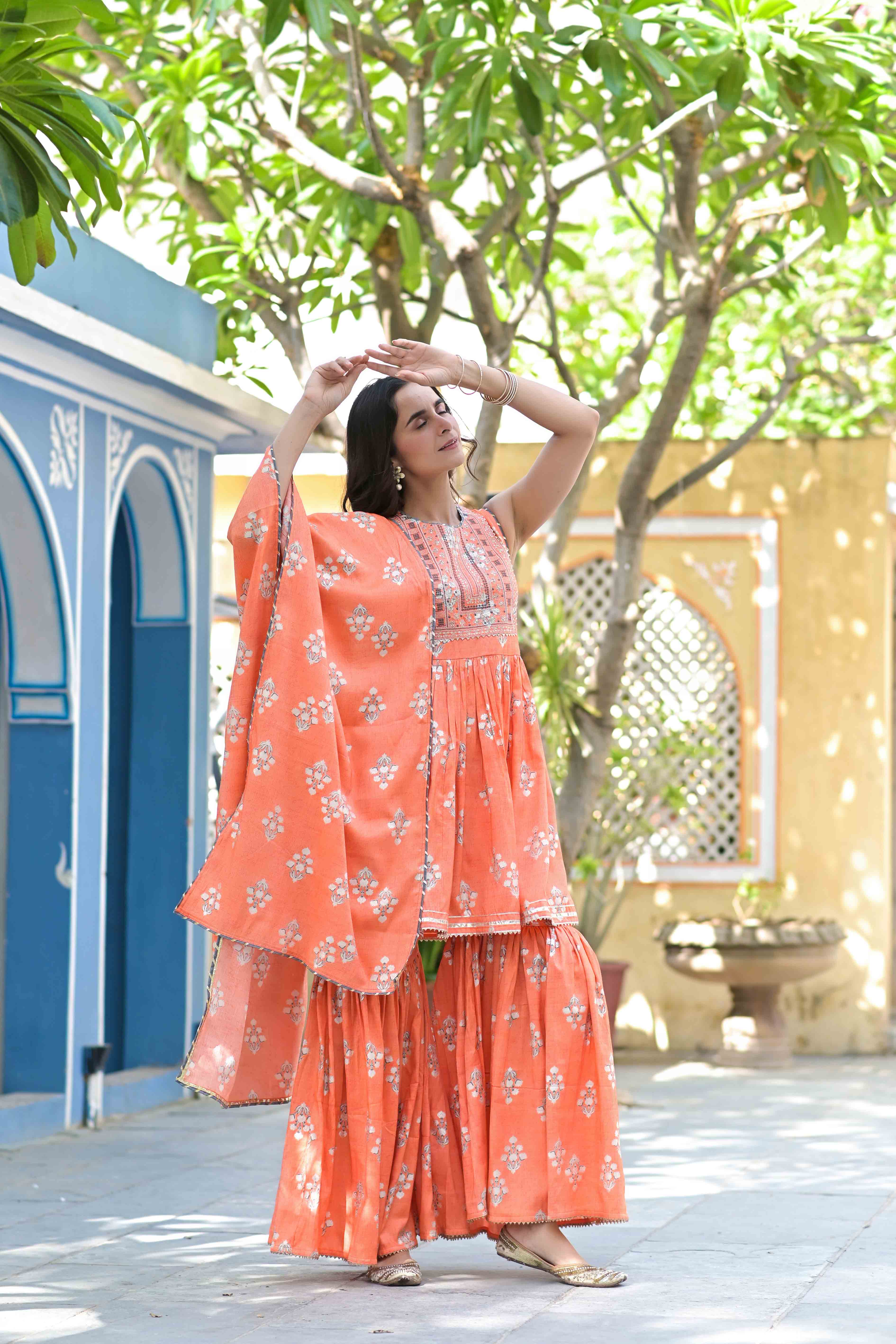 Orange Rayon Embroidered Sharara Set
