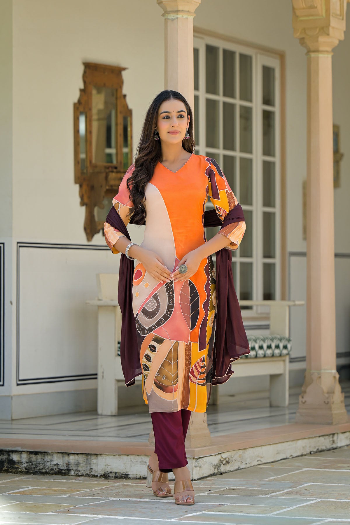 Orange Muslin Printed Straight-Cut Suit