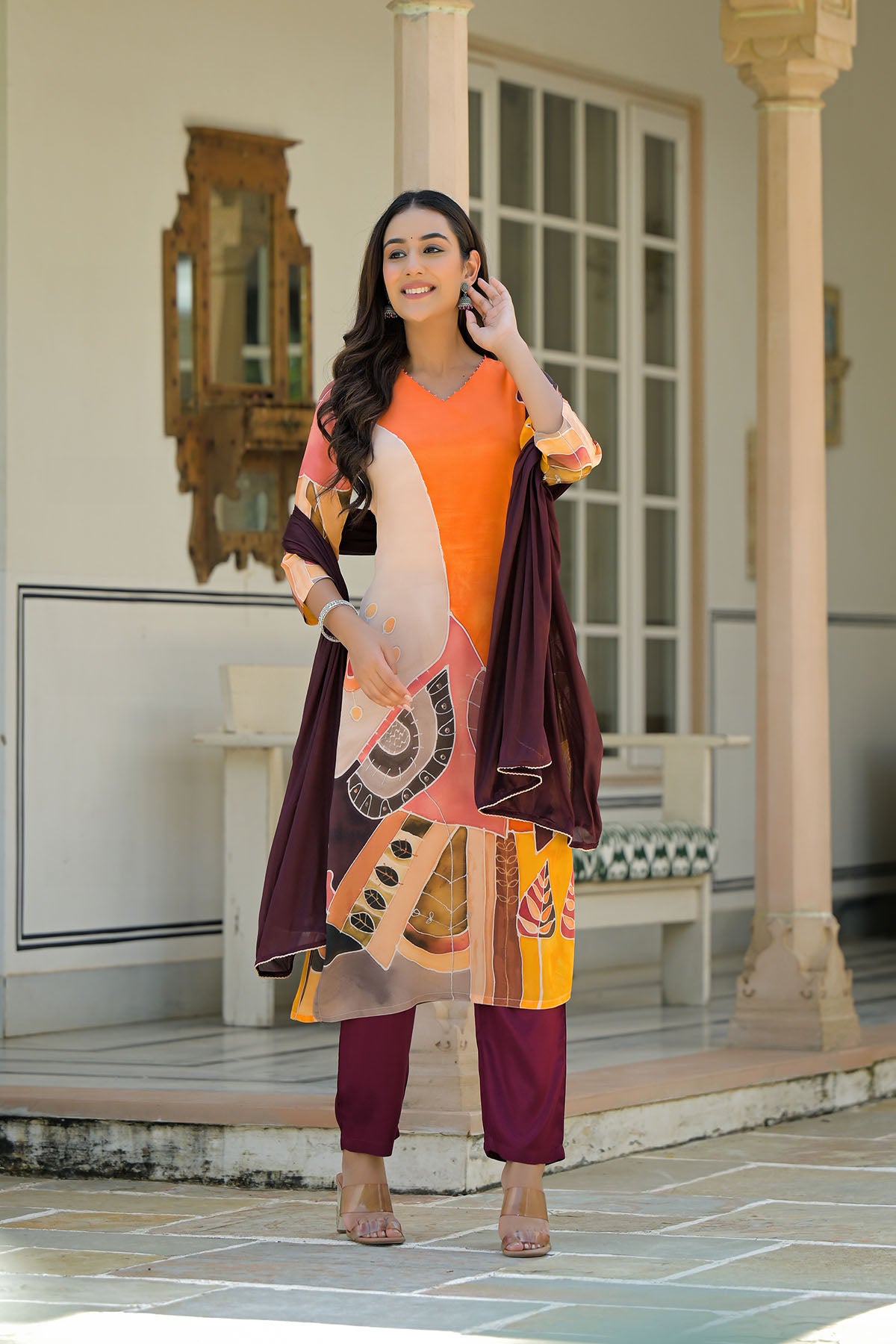 Orange Muslin Printed Straight-Cut Suit