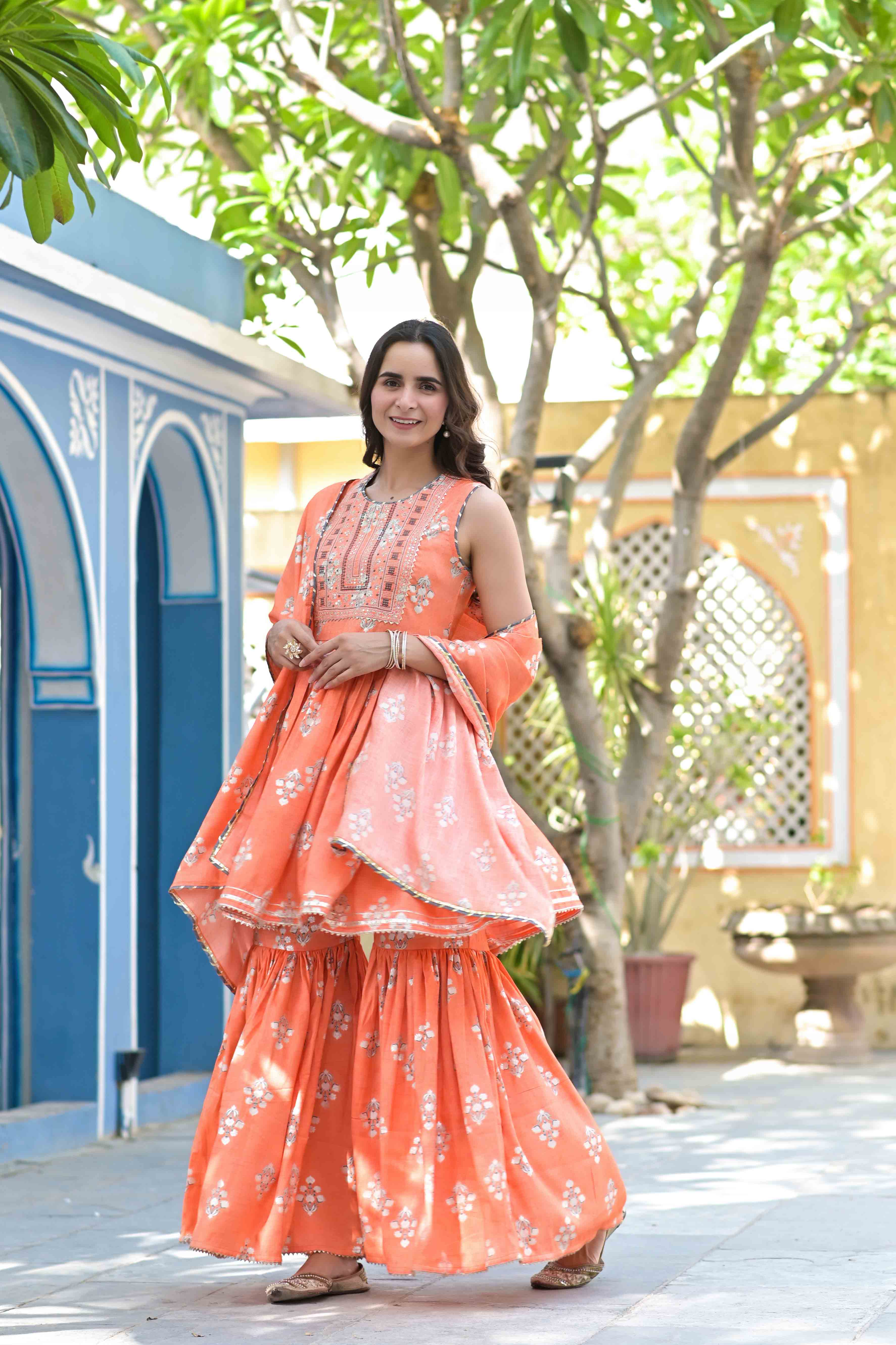 Orange Rayon Embroidered Sharara Set
