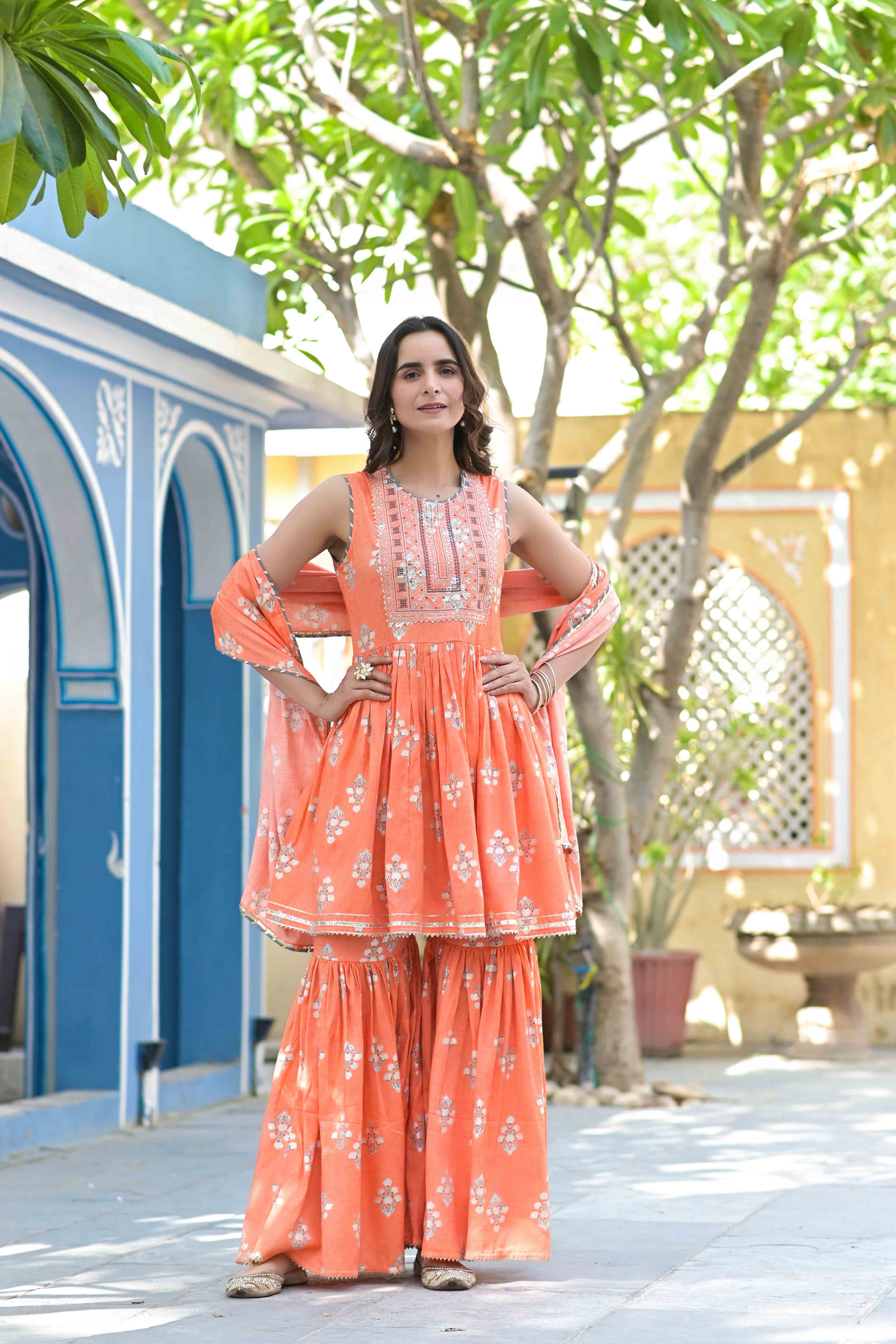 Orange Rayon Embroidered Sharara Set