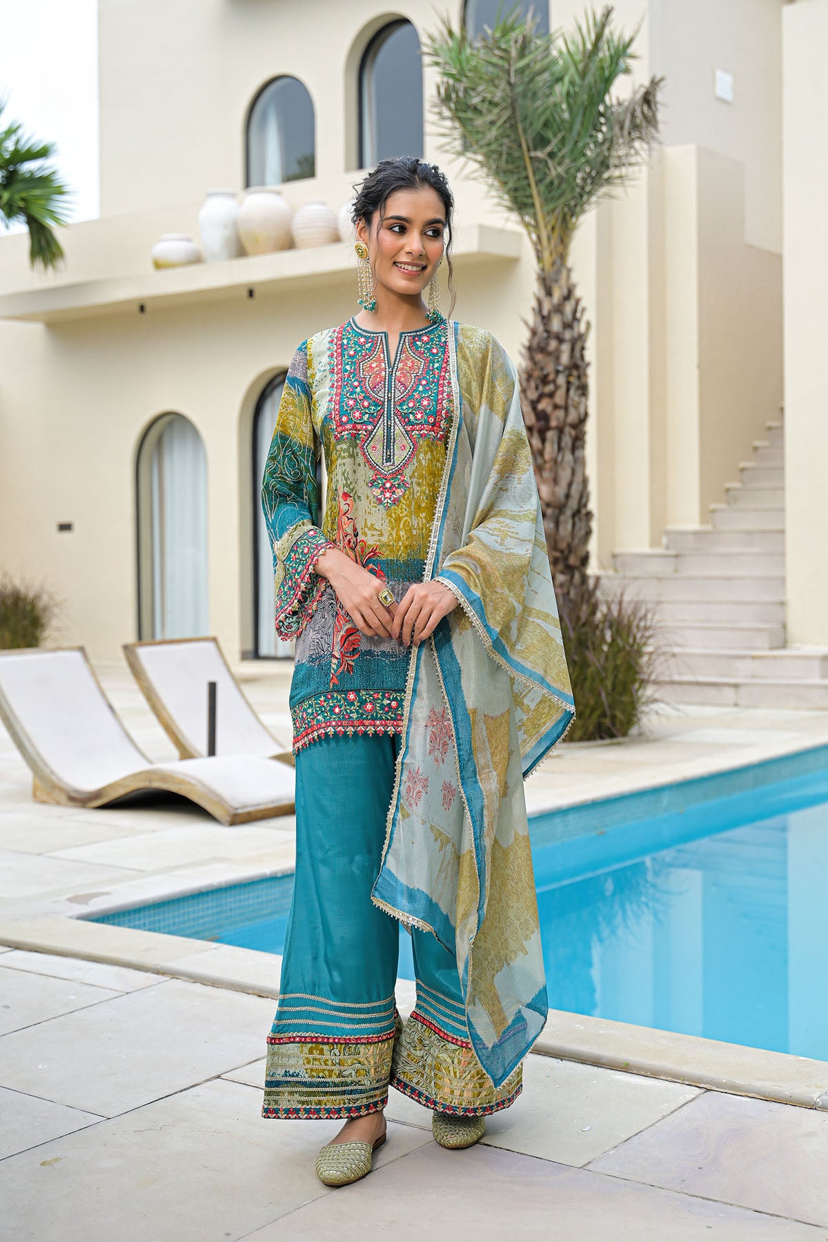 Green Multicolor Viscose Crepe Embroidered Suit