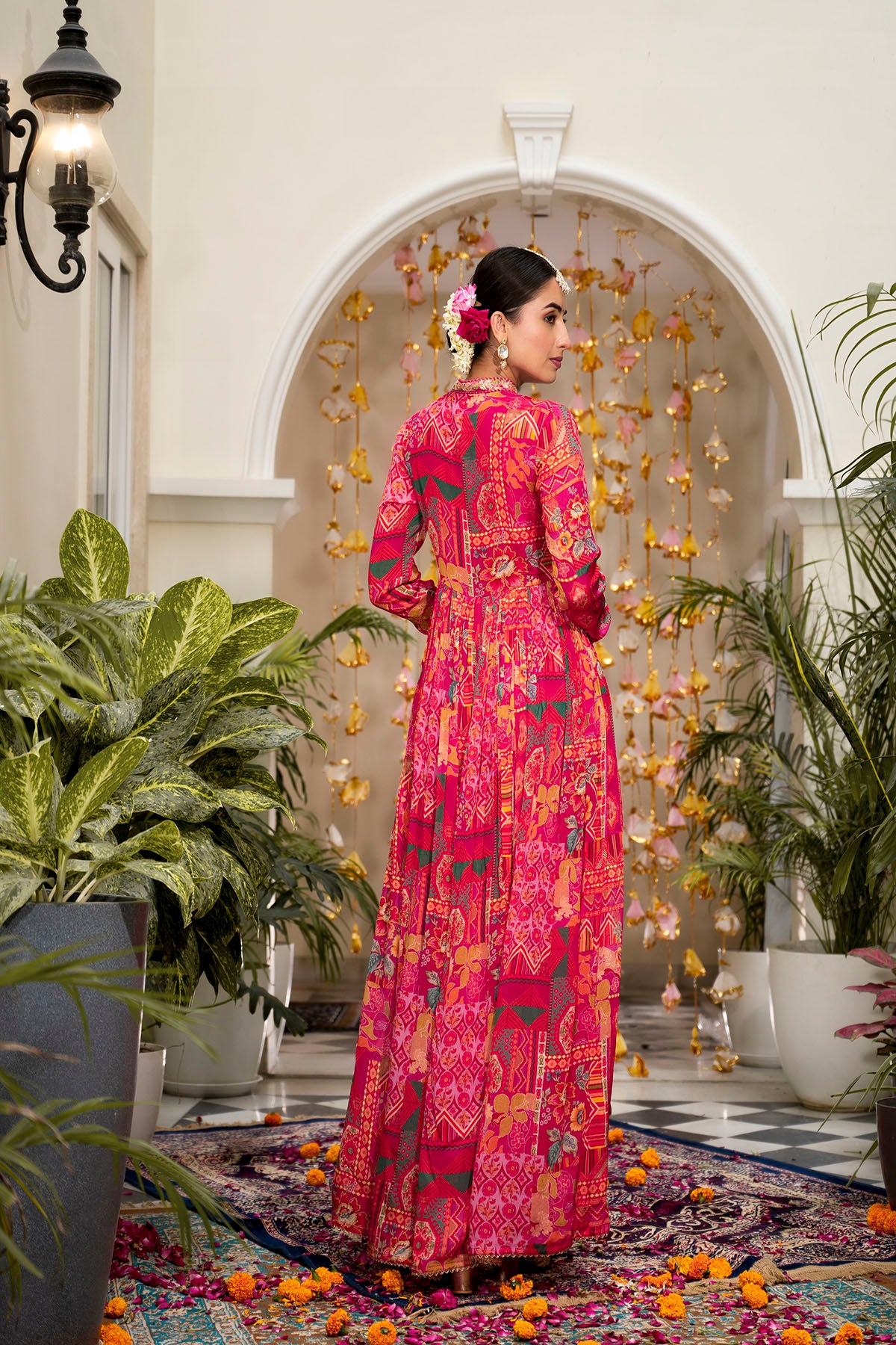 Pink Multicolor Floral Chinon Handwork Anarkali Suit