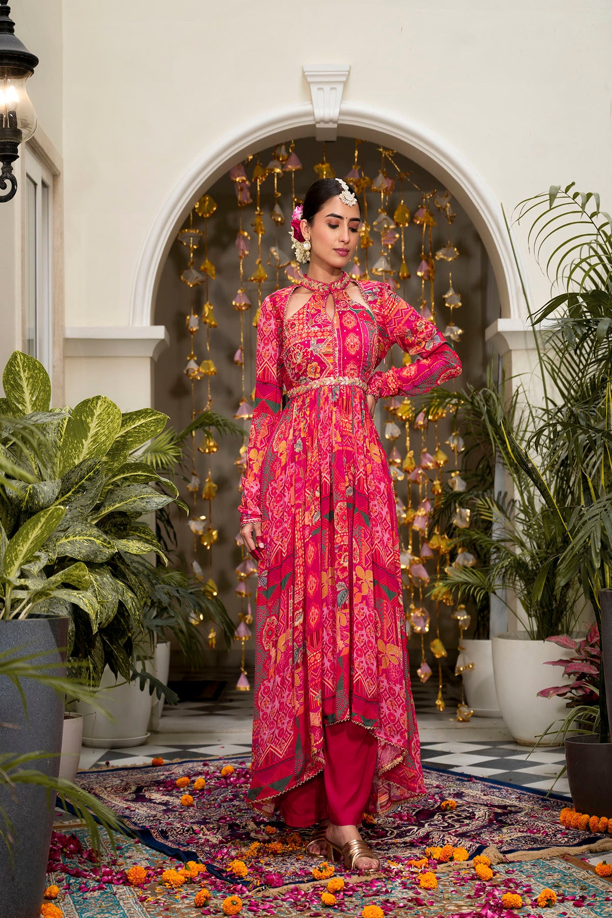 Pink Multicolor Floral Chinon Handwork Anarkali Suit