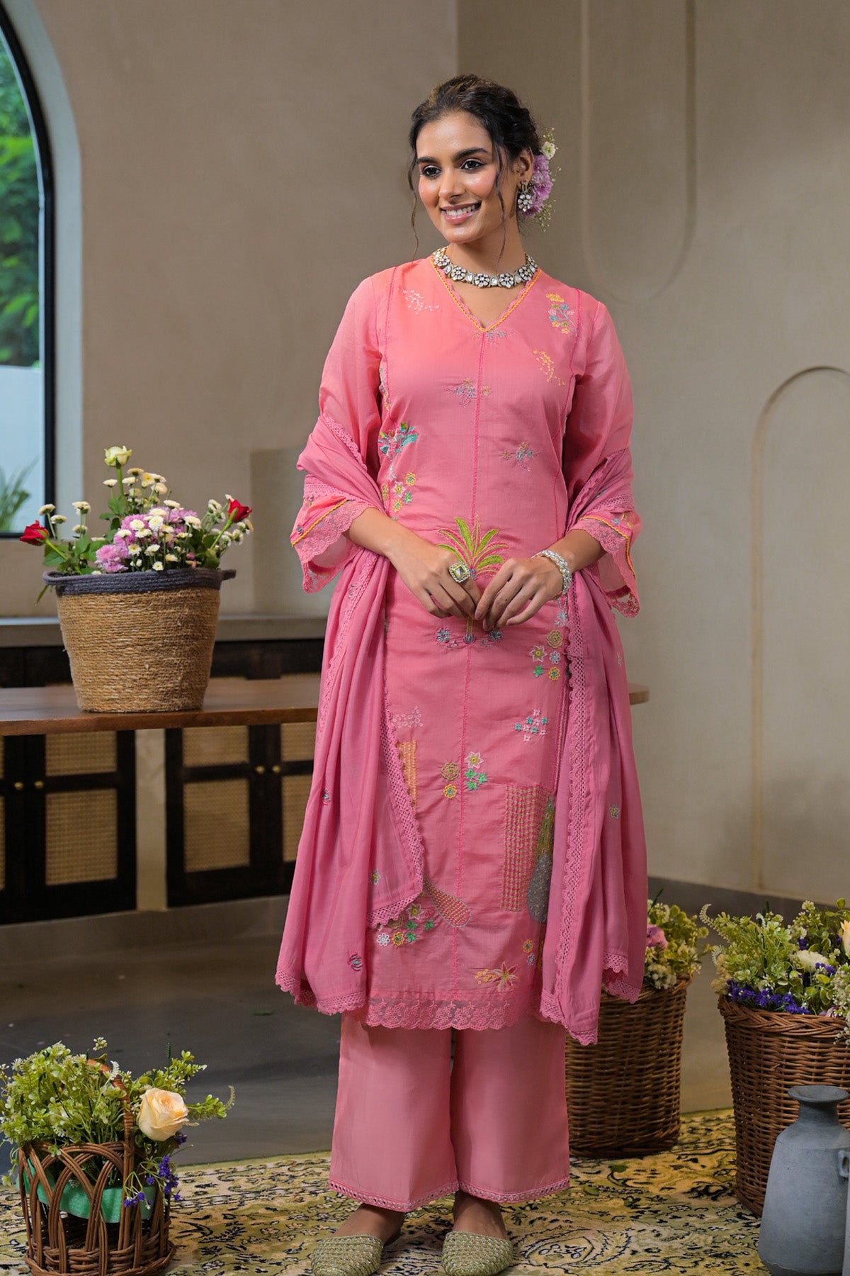 Pink Mul Chanderi Embroidered Straight Cut Suit Set | Bairaas
