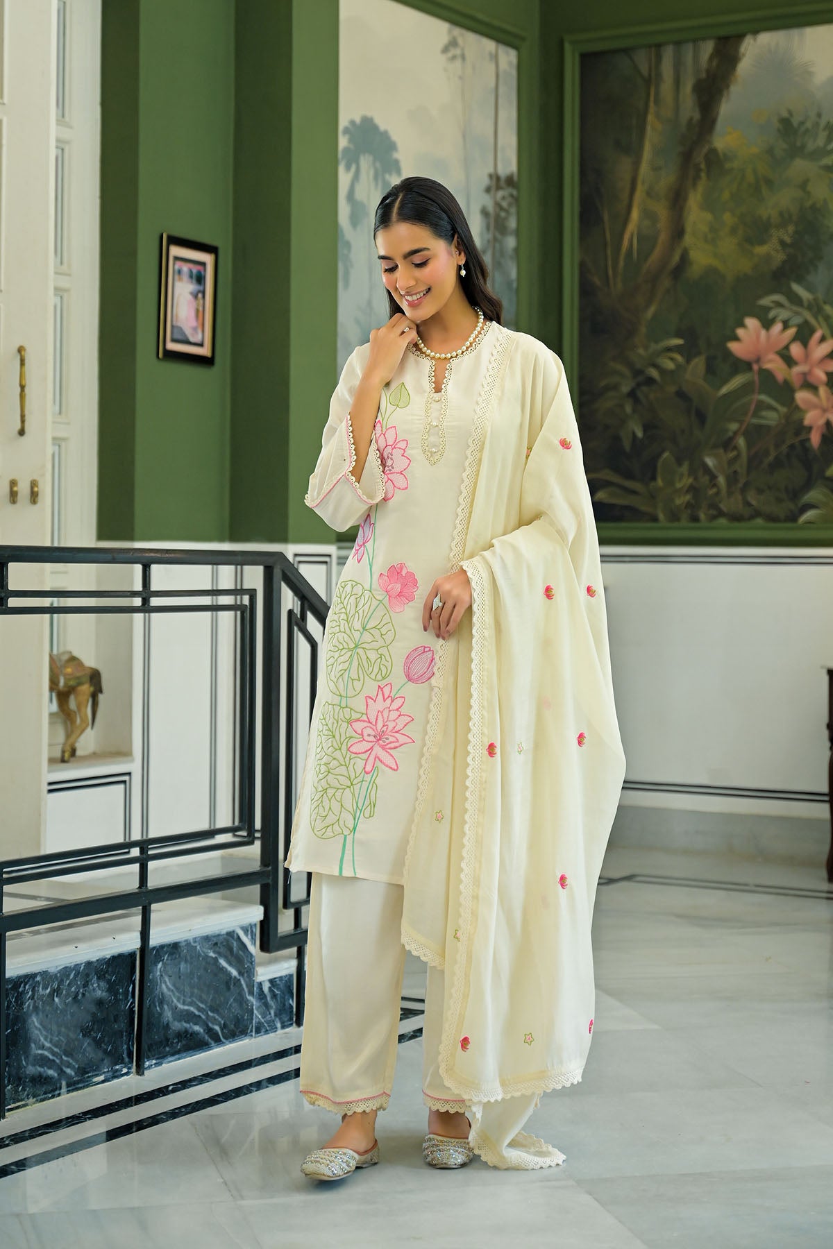 Cream White Chanderi Embroidered Pakistani Suit
