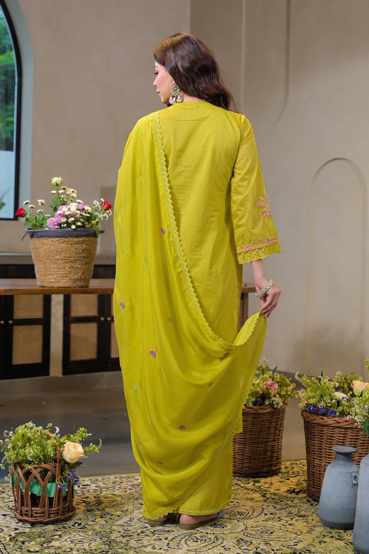 Green Mul Chanderi Embroidered Straight Cut Suit Set | Bairaas