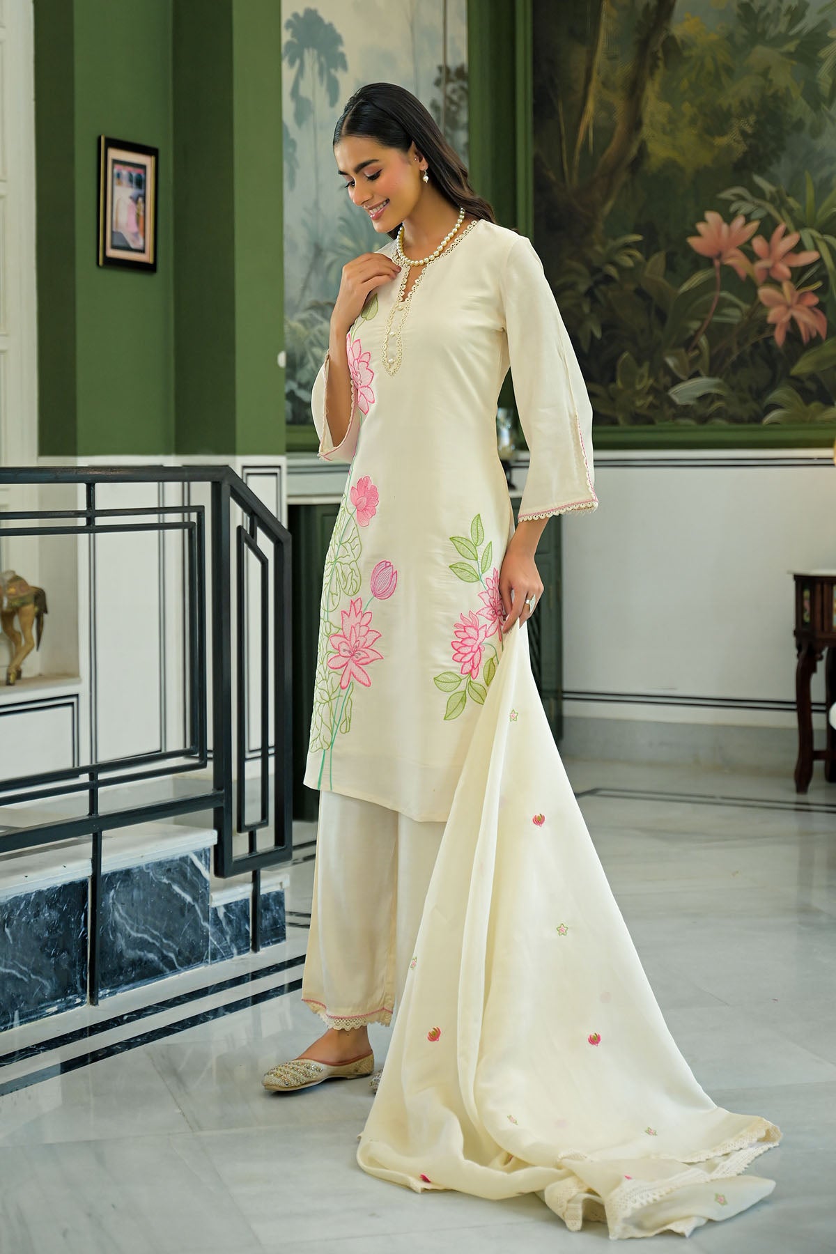 Cream White Chanderi Embroidered Pakistani Suit