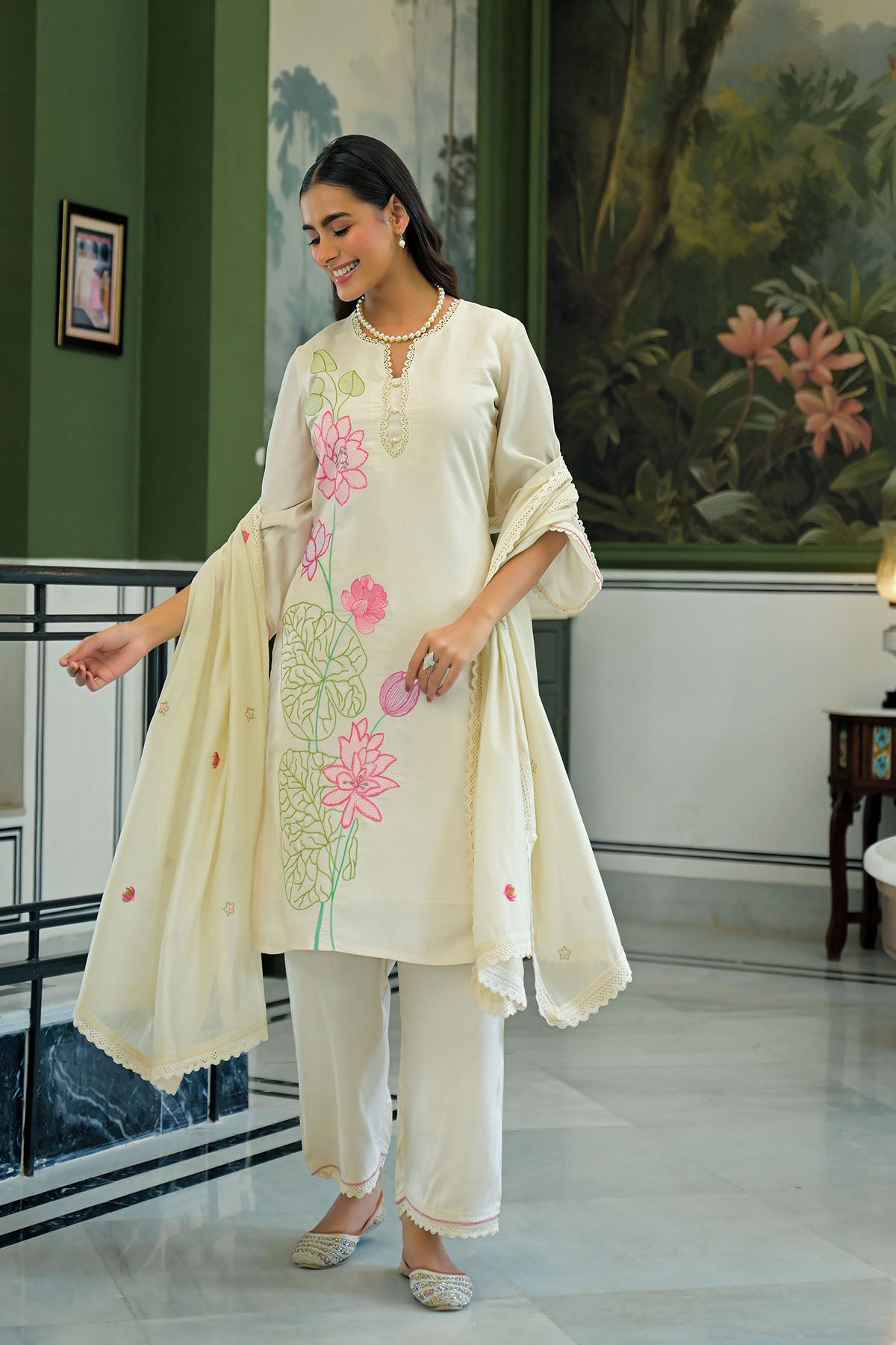 Cream White Chanderi Embroidered Pakistani Suit