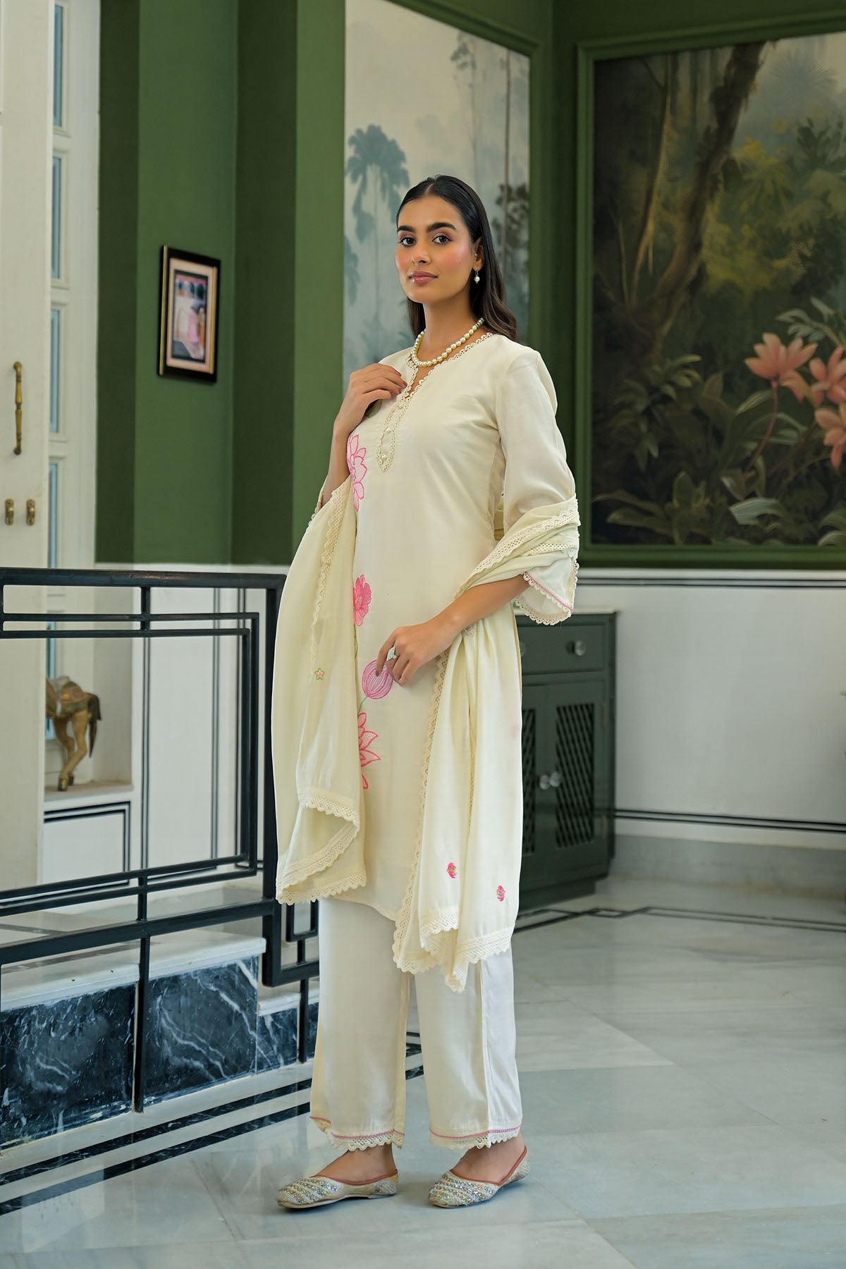 Cream White Chanderi Embroidered Pakistani Suit