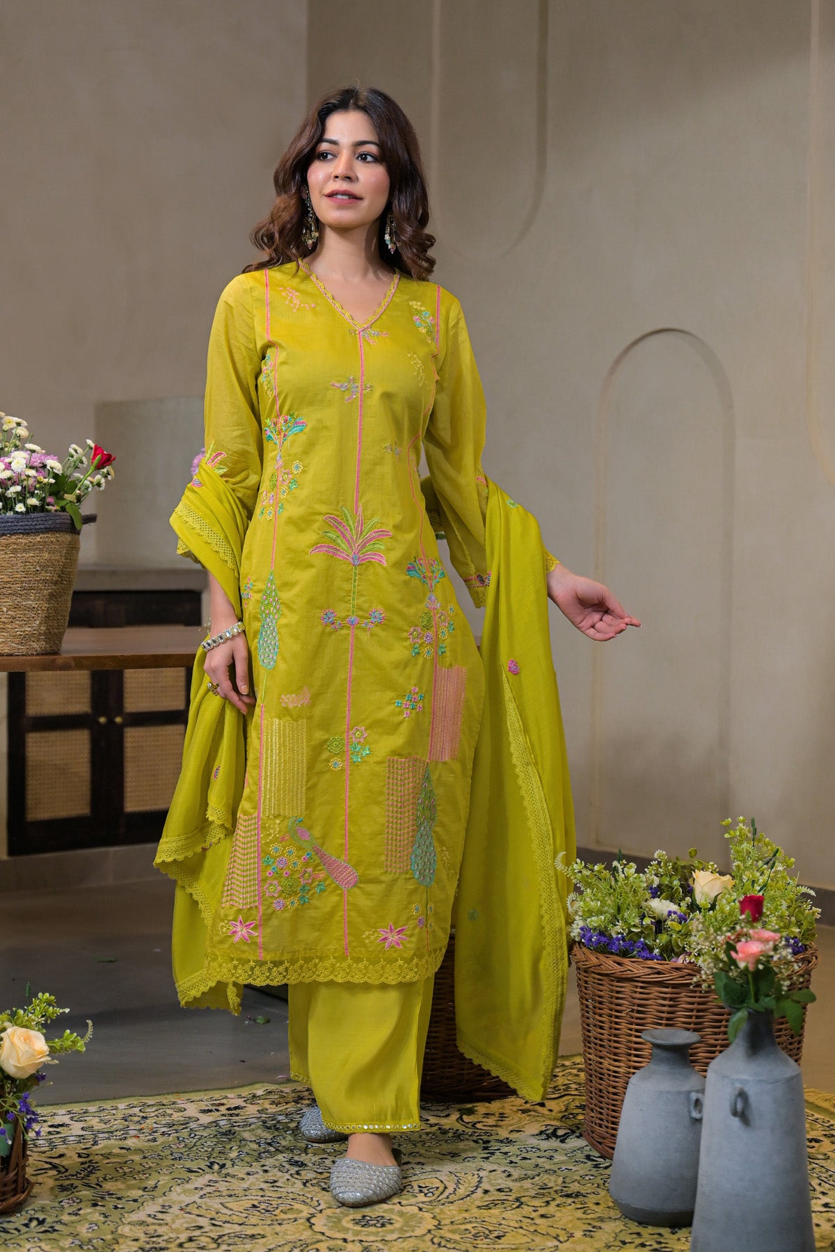 Green Mul Chanderi Embroidered Straight Cut Suit Set | Bairaas