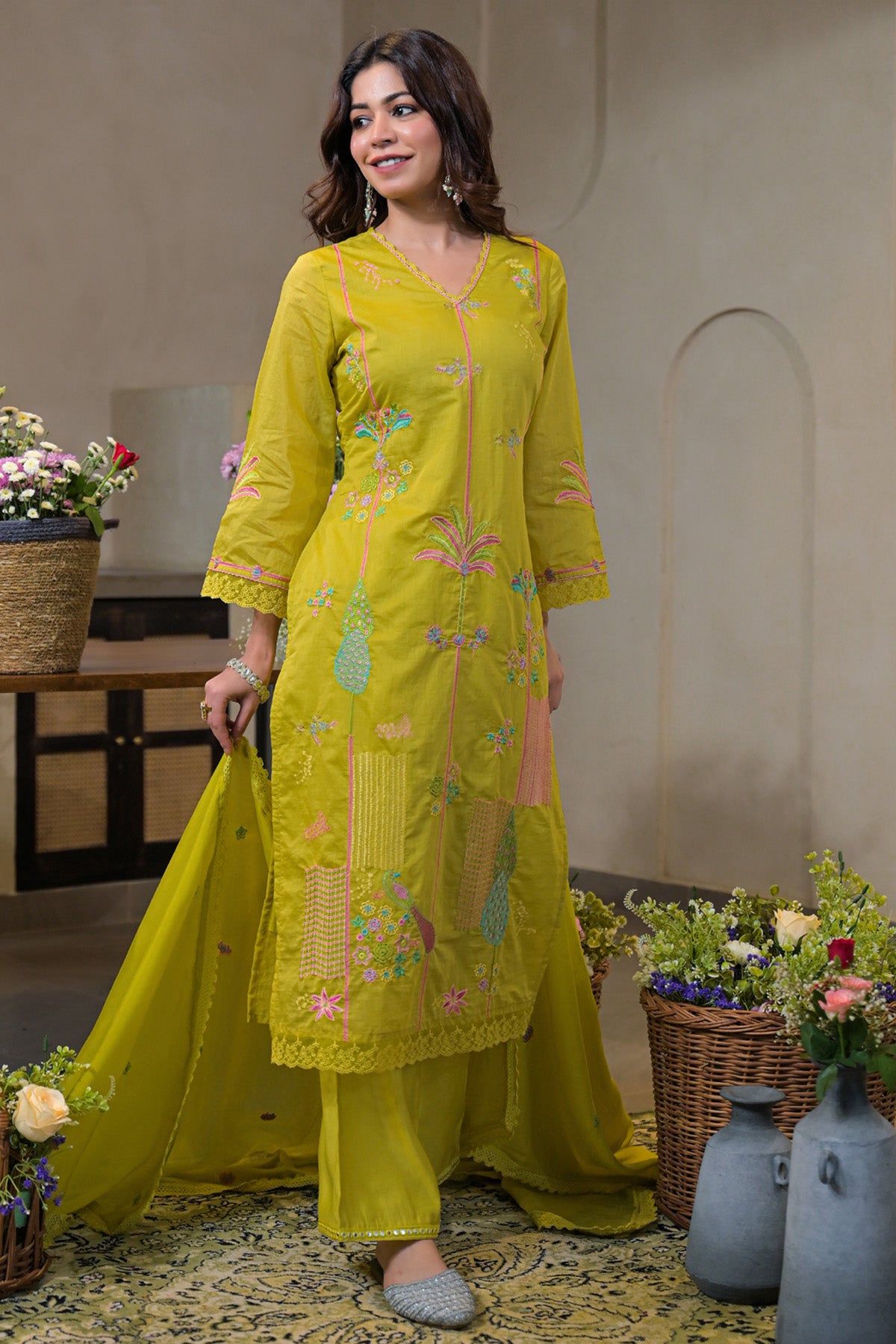 Green Mul Chanderi Embroidered Straight Cut Suit Set | Bairaas