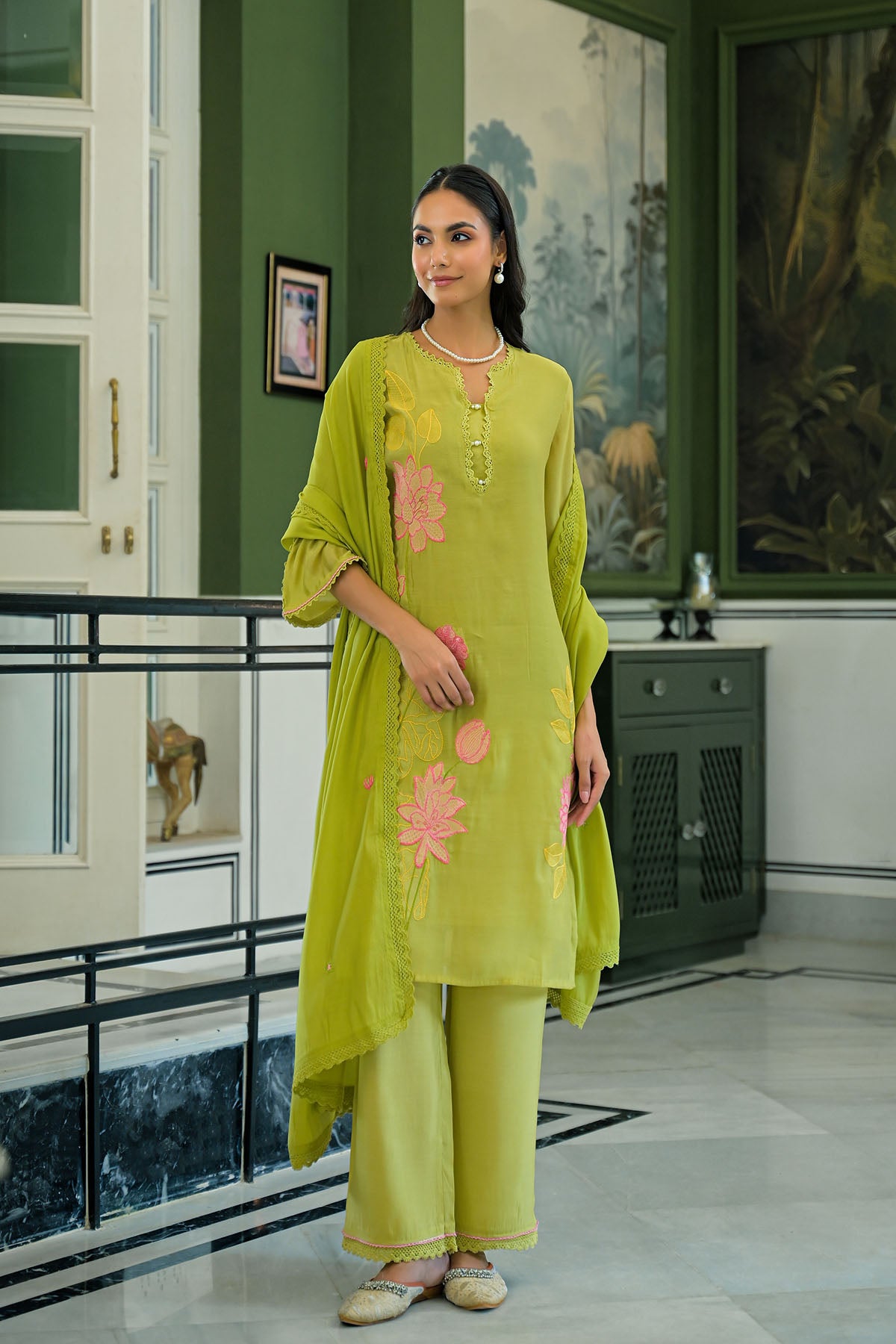 Green Chanderi Embroidered Pakistani Suit