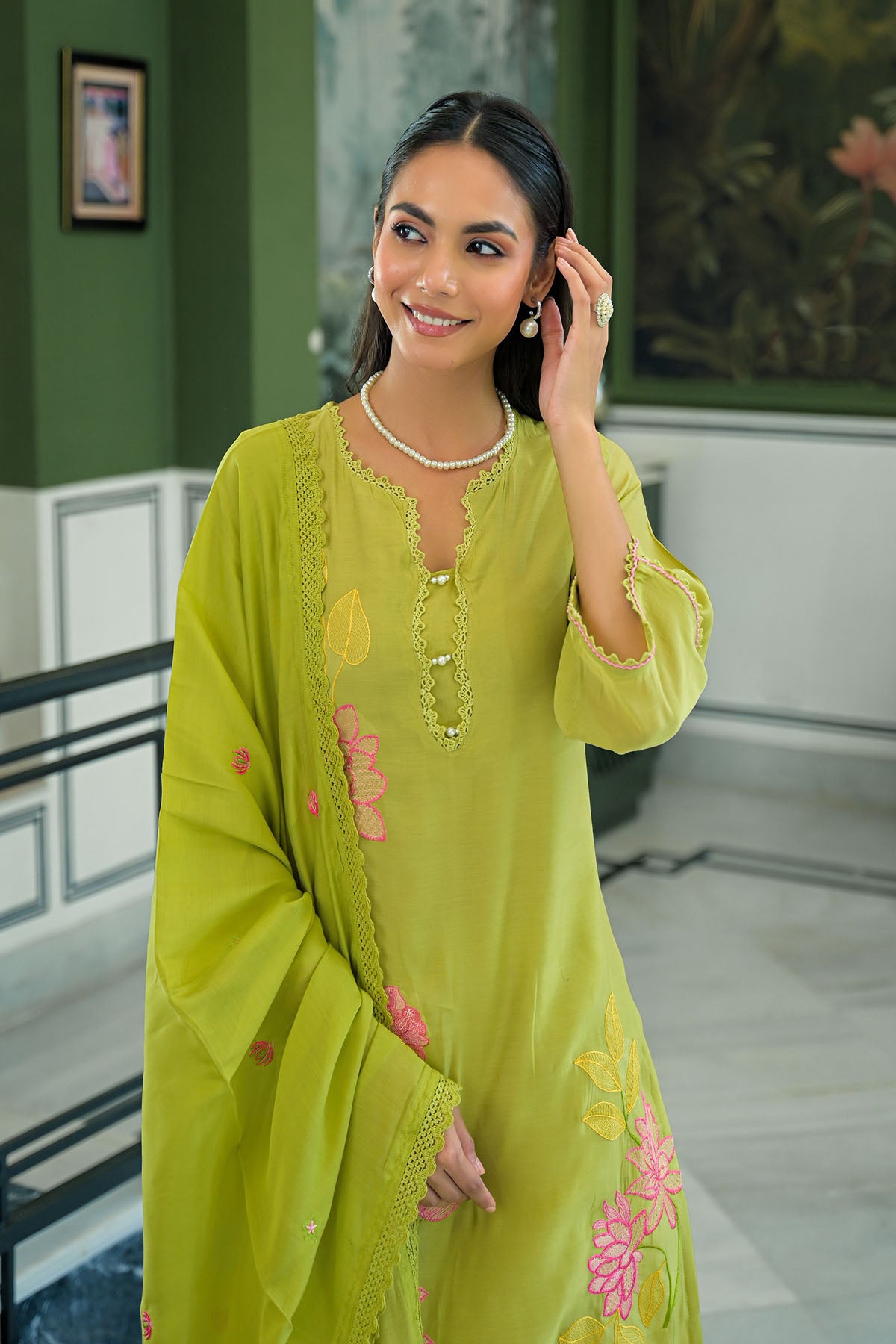 Green Chanderi Embroidered Pakistani Suit