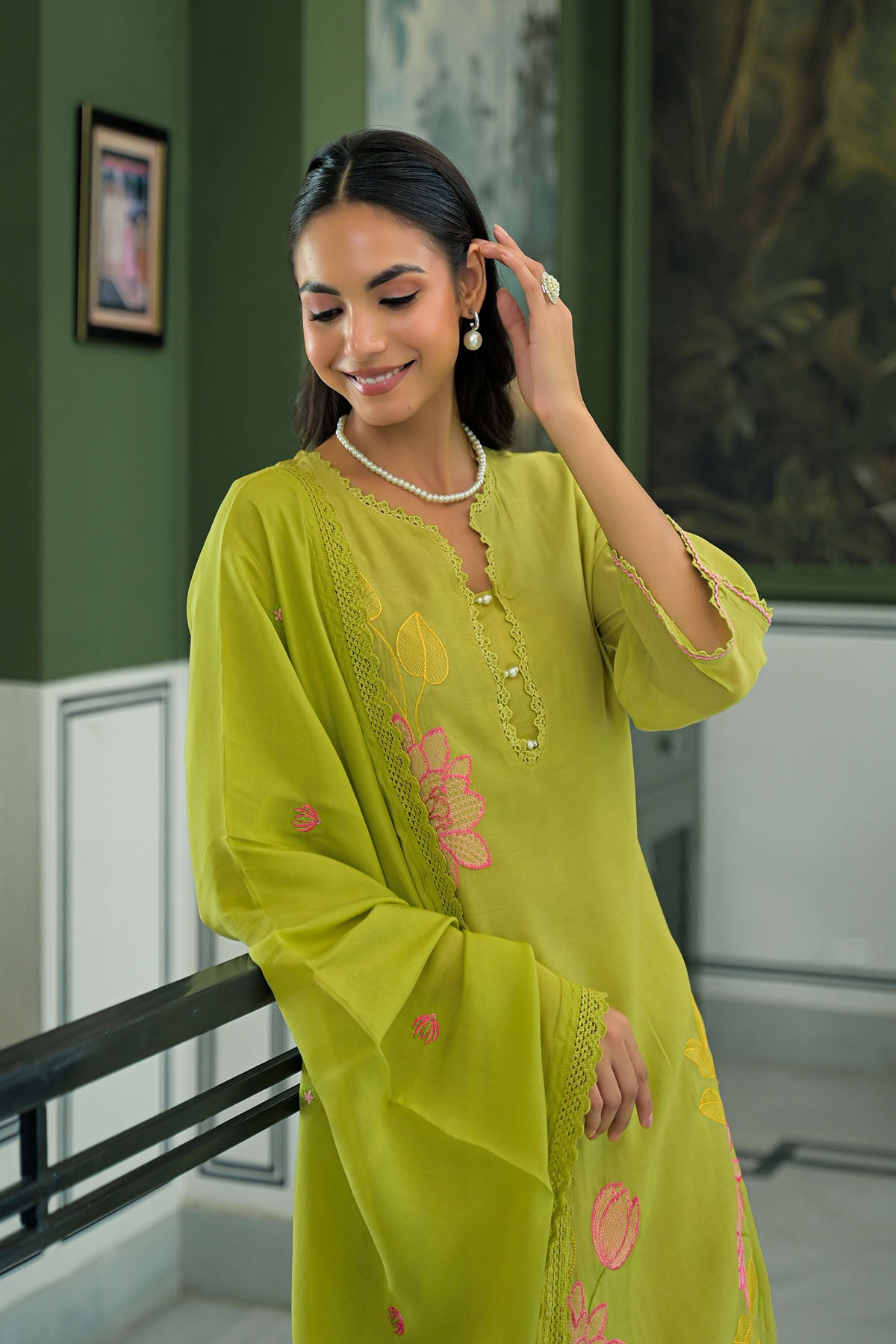 Green Chanderi Embroidered Pakistani Suit